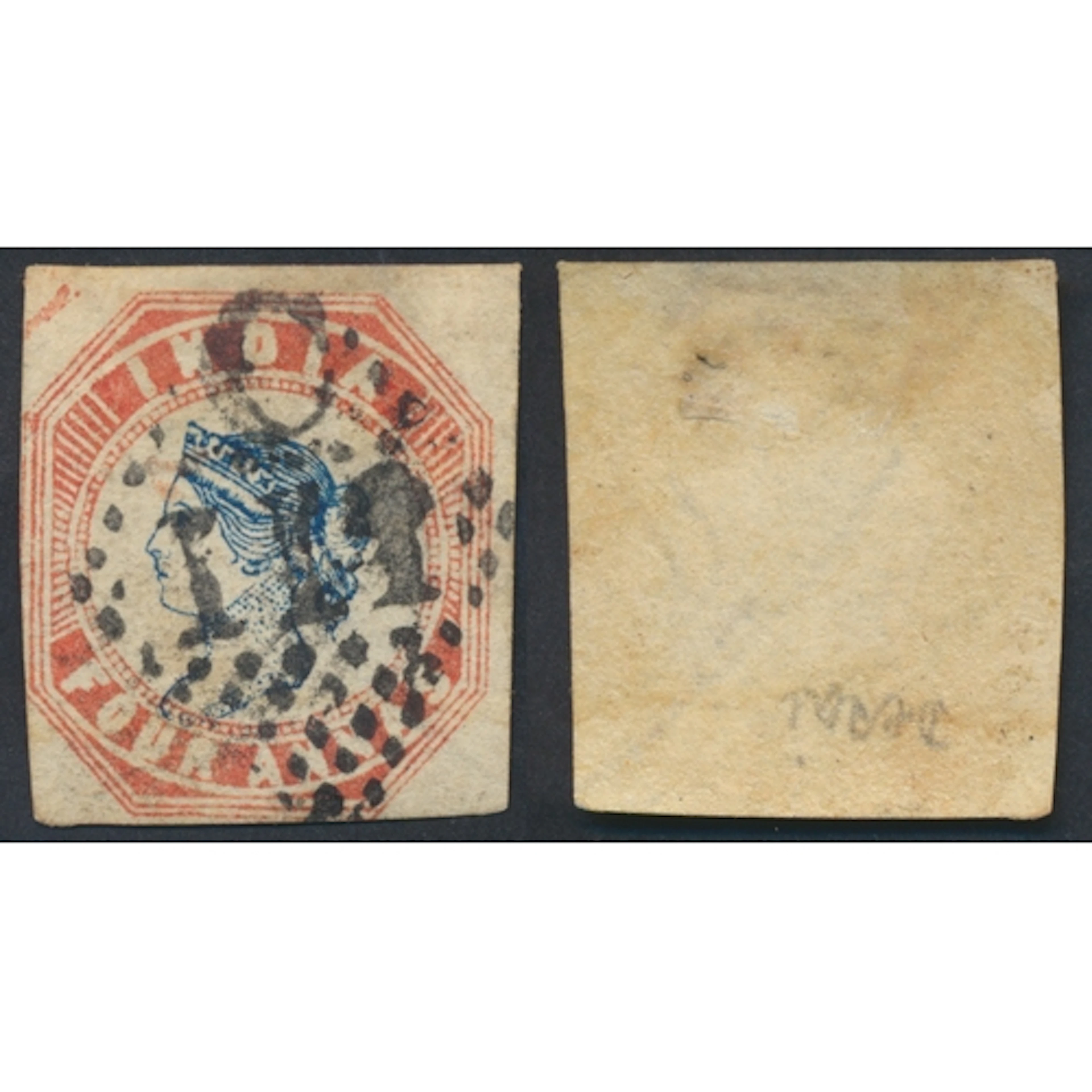 India. 1854-55 4a blue and red, imperf, 4th printing, Head I...