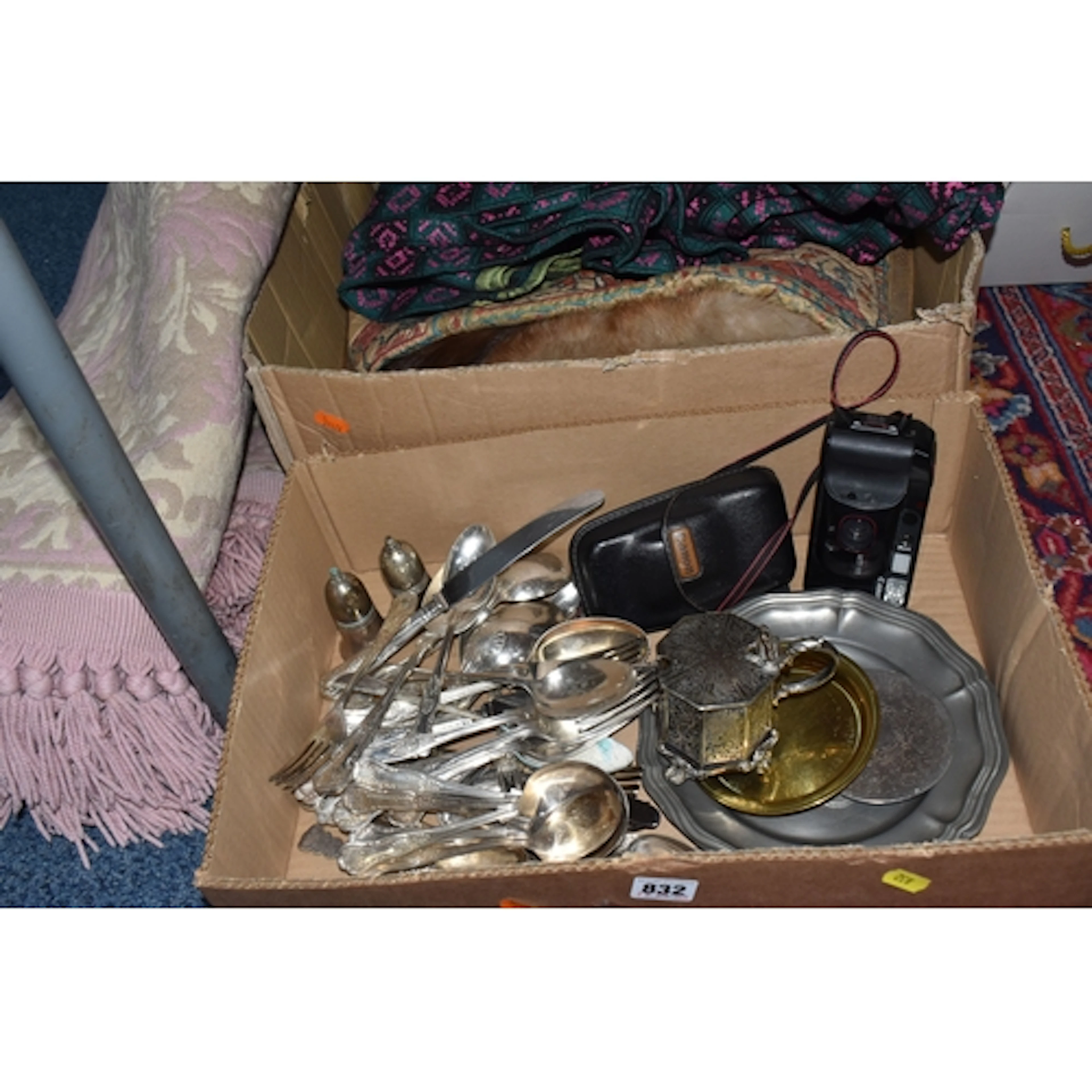 TWO BOXES OF MISCELLANEOUS ITEMS, to include a vintage texti...