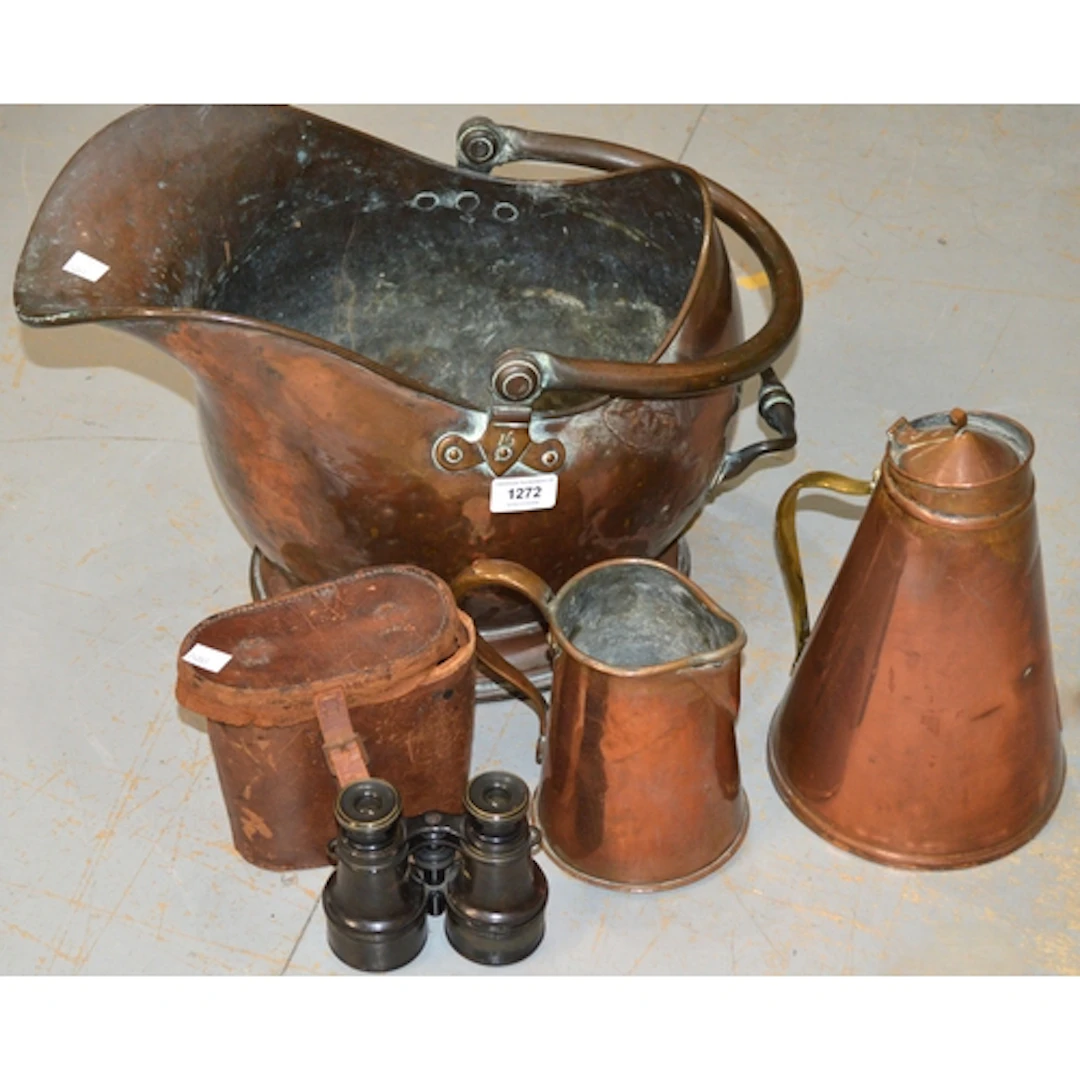 19th Century copper helmet shaped coal scuttle, together wit...