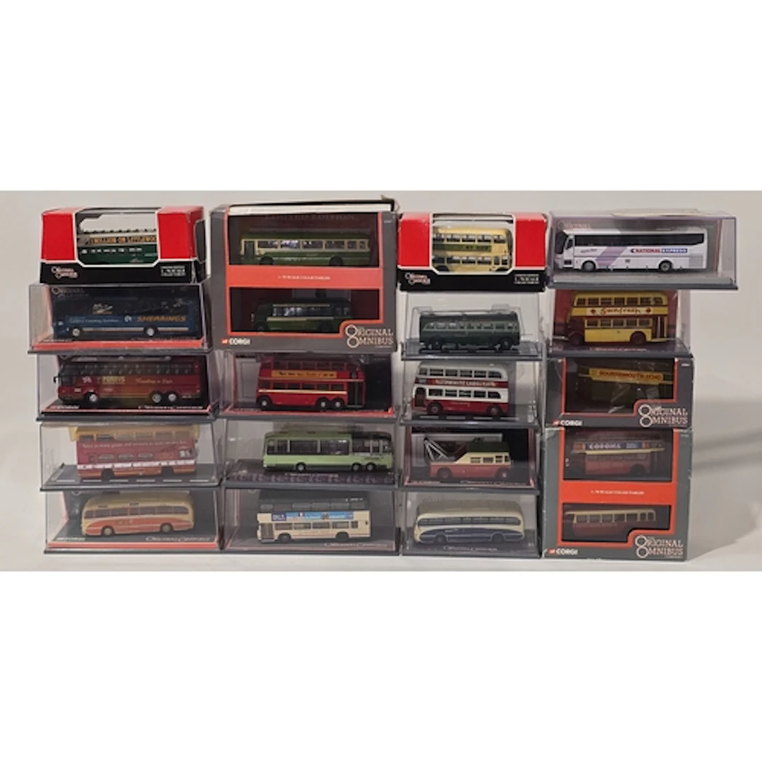 A collection of Corgi Original Omnibus die-cast model buses....