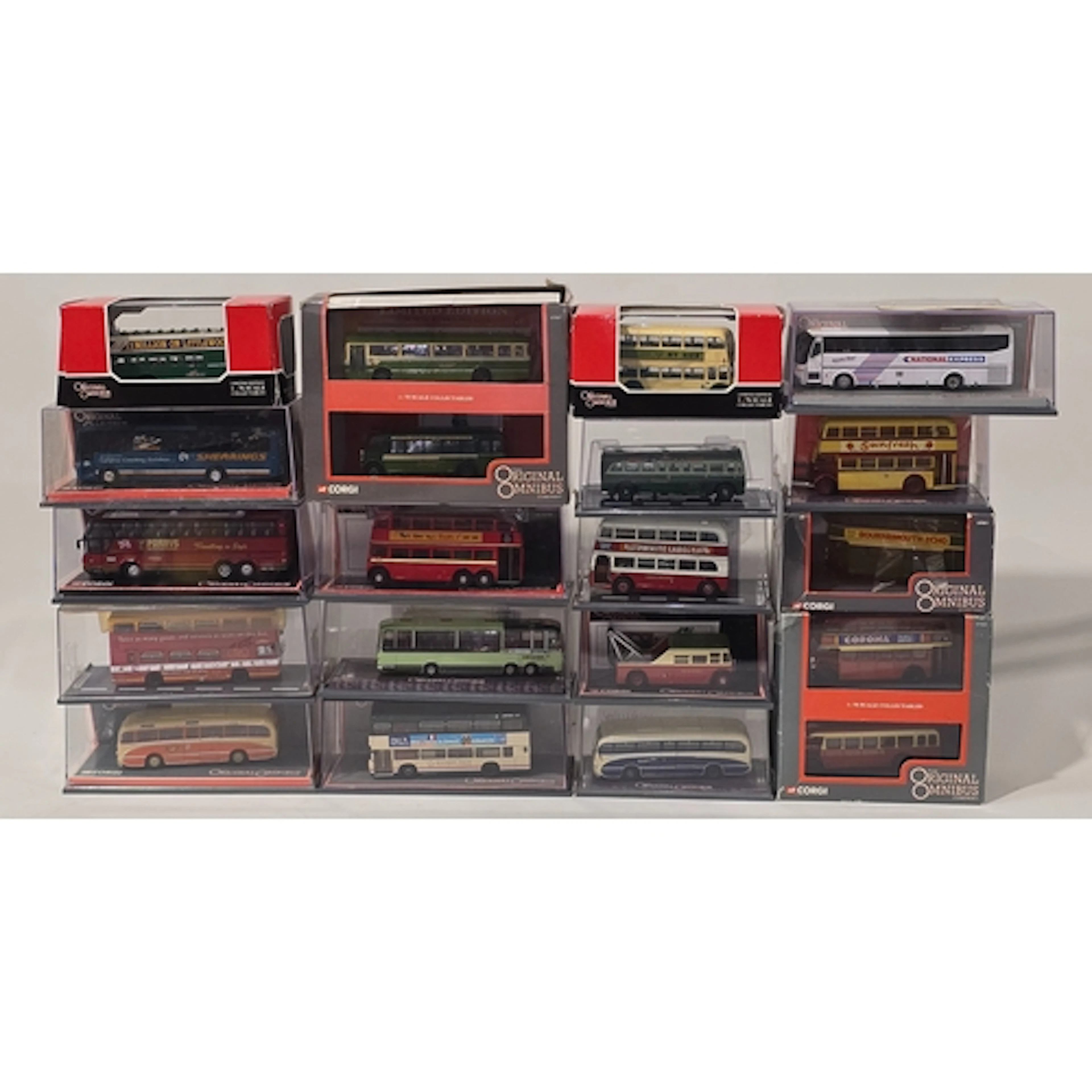 A collection of Corgi Original Omnibus die-cast model buses....