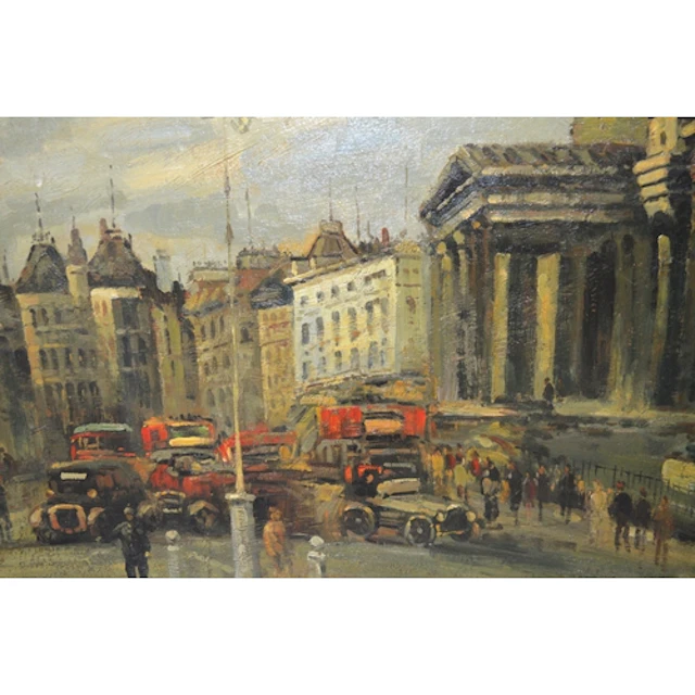 Oil on canvas laid on board, busy London street scene, 50 x ...
