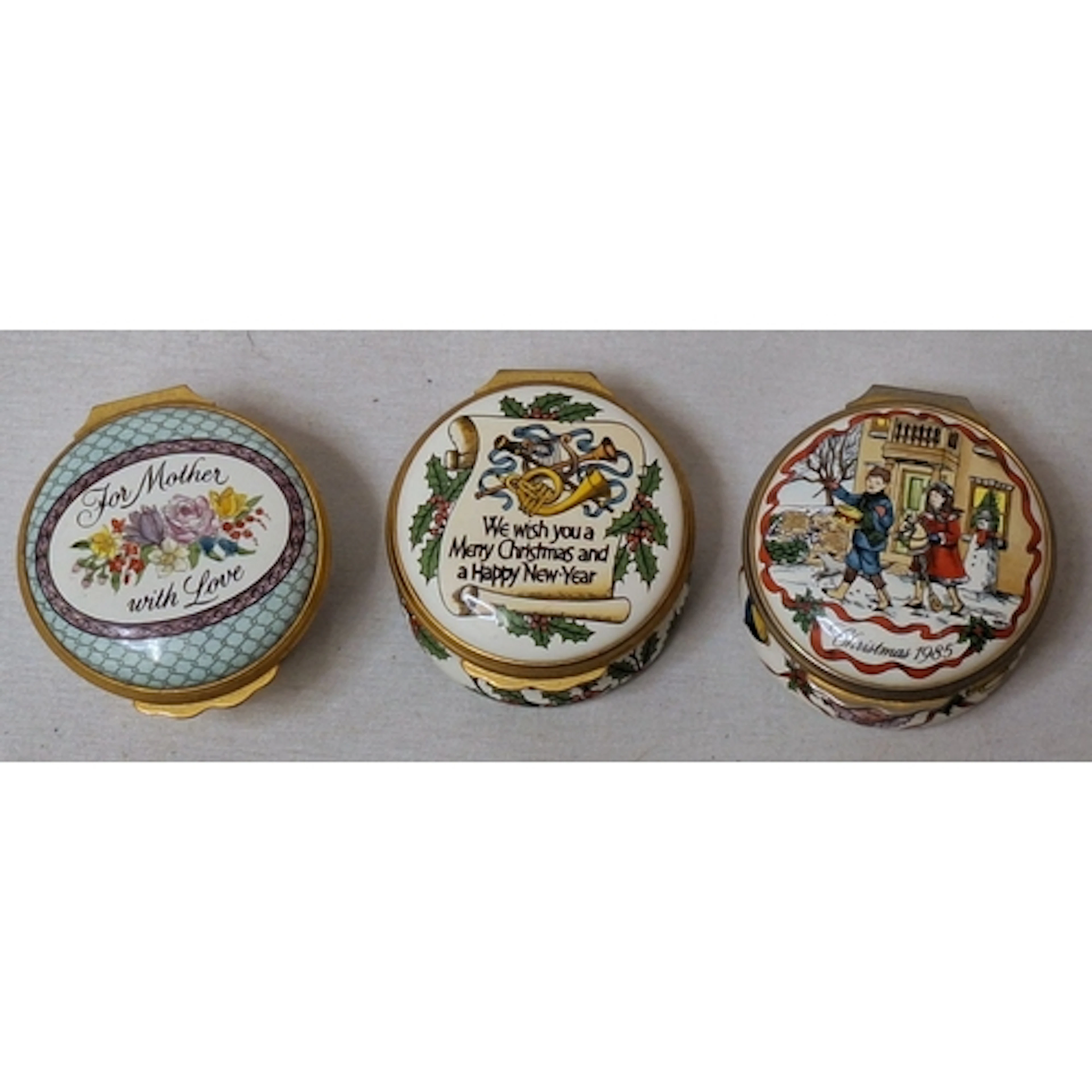 3 Vintage Enamel Halcyon Days Trinket/Pill Pots, musical, Ch...