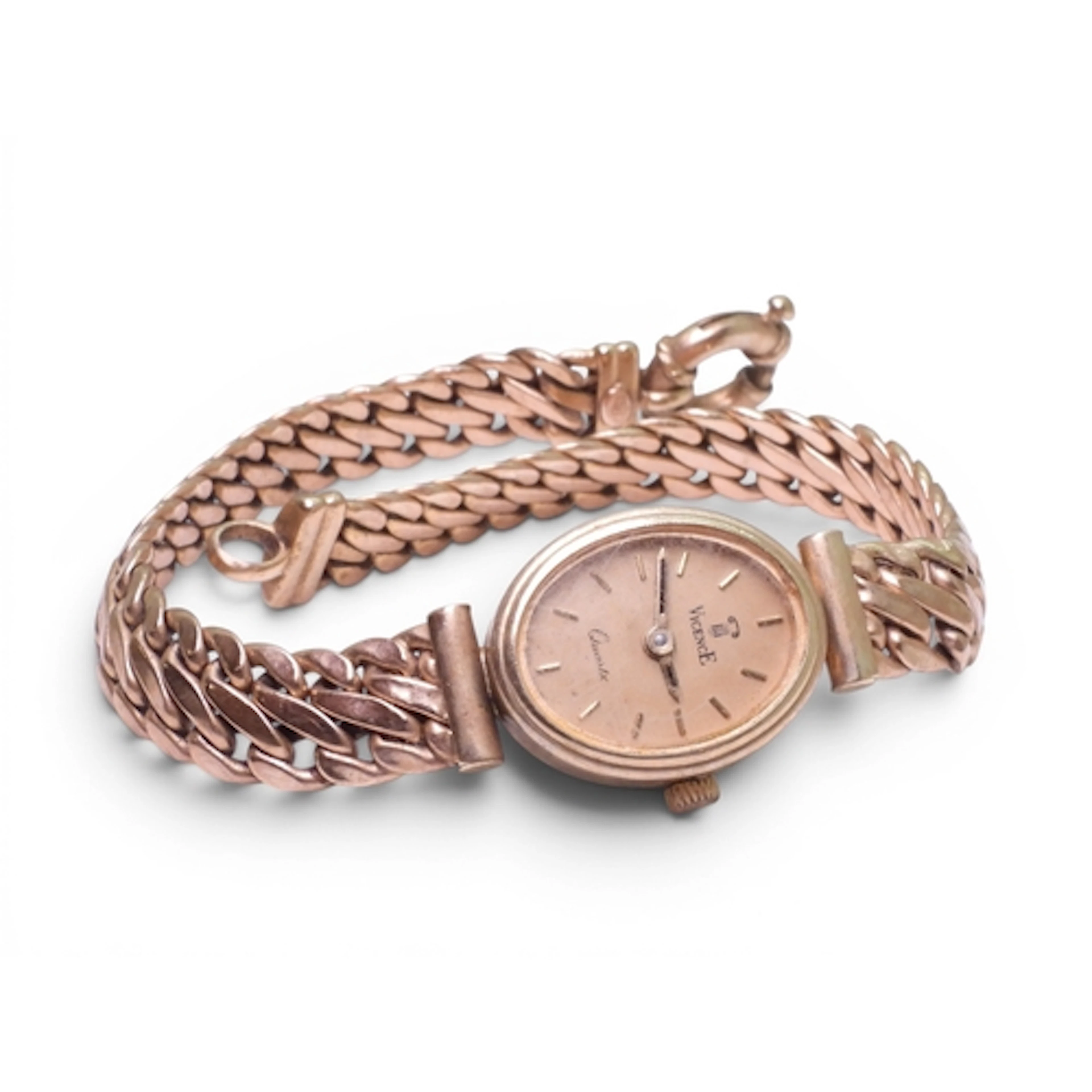 A 9ct gold ladies Vicence quartz watch with integral strap, ...
