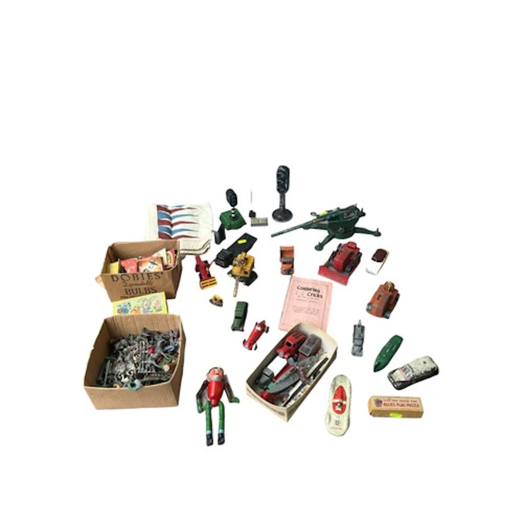 Crate of vintage toys and games inc. Bill and Ben tin puppet...