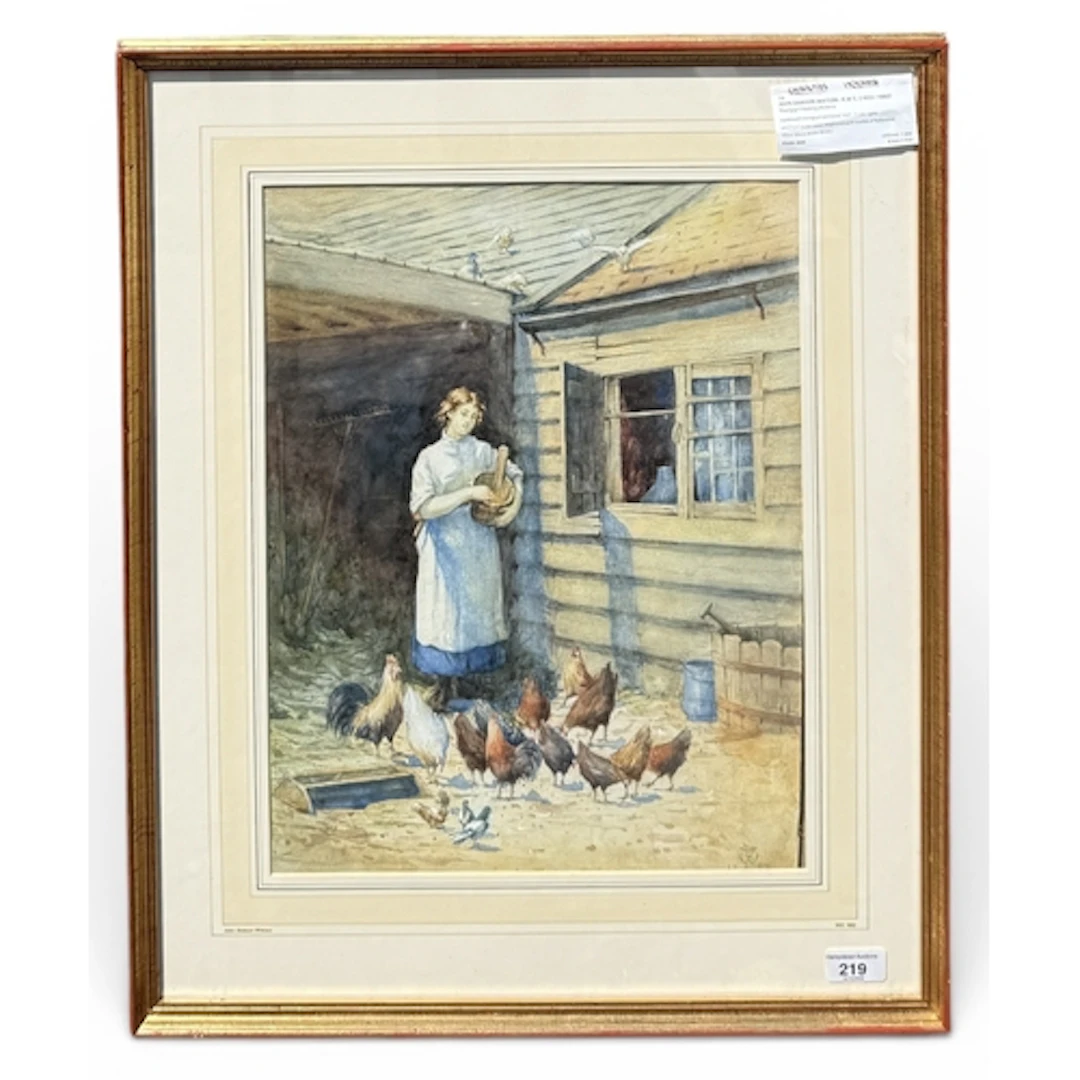 JOHN DAWSON WATSON: BRITISH 1832-1892: YOUNG GIRL FEEDING CH...