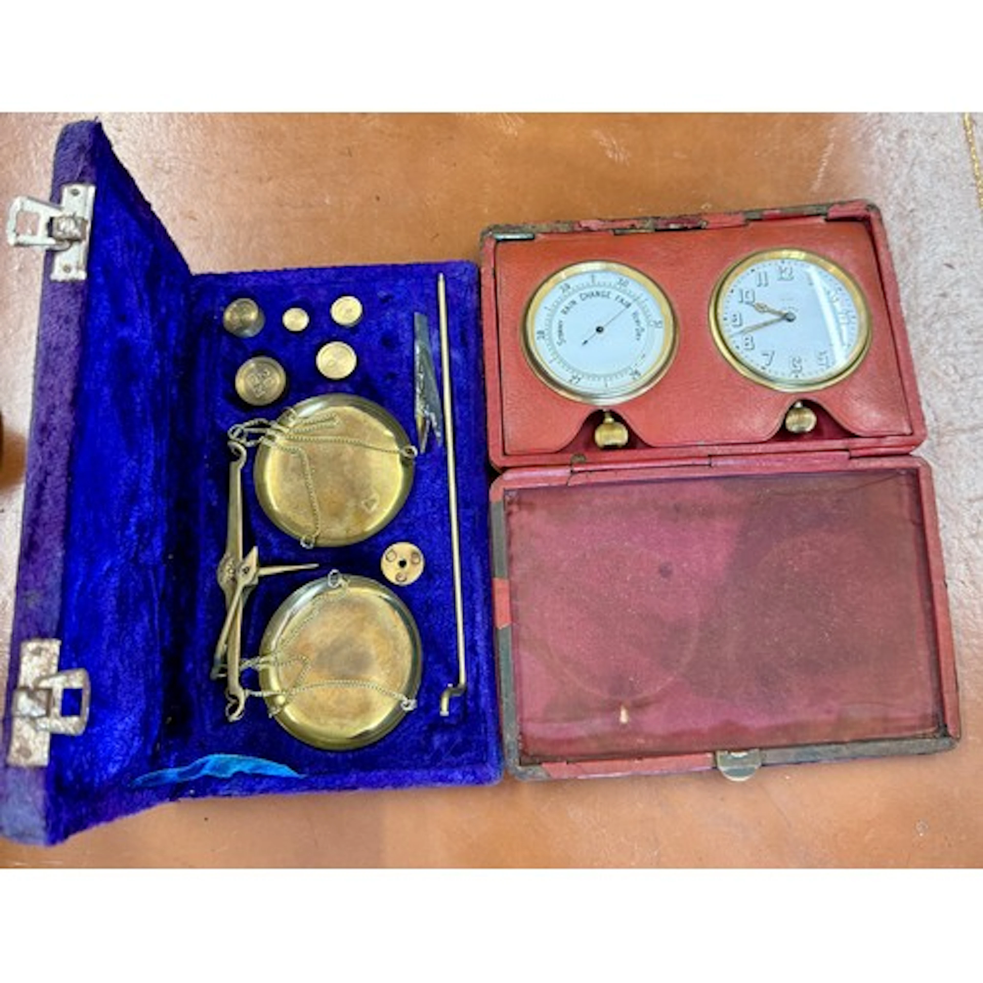 Leather cased clock and barometer together with boxed brass ...