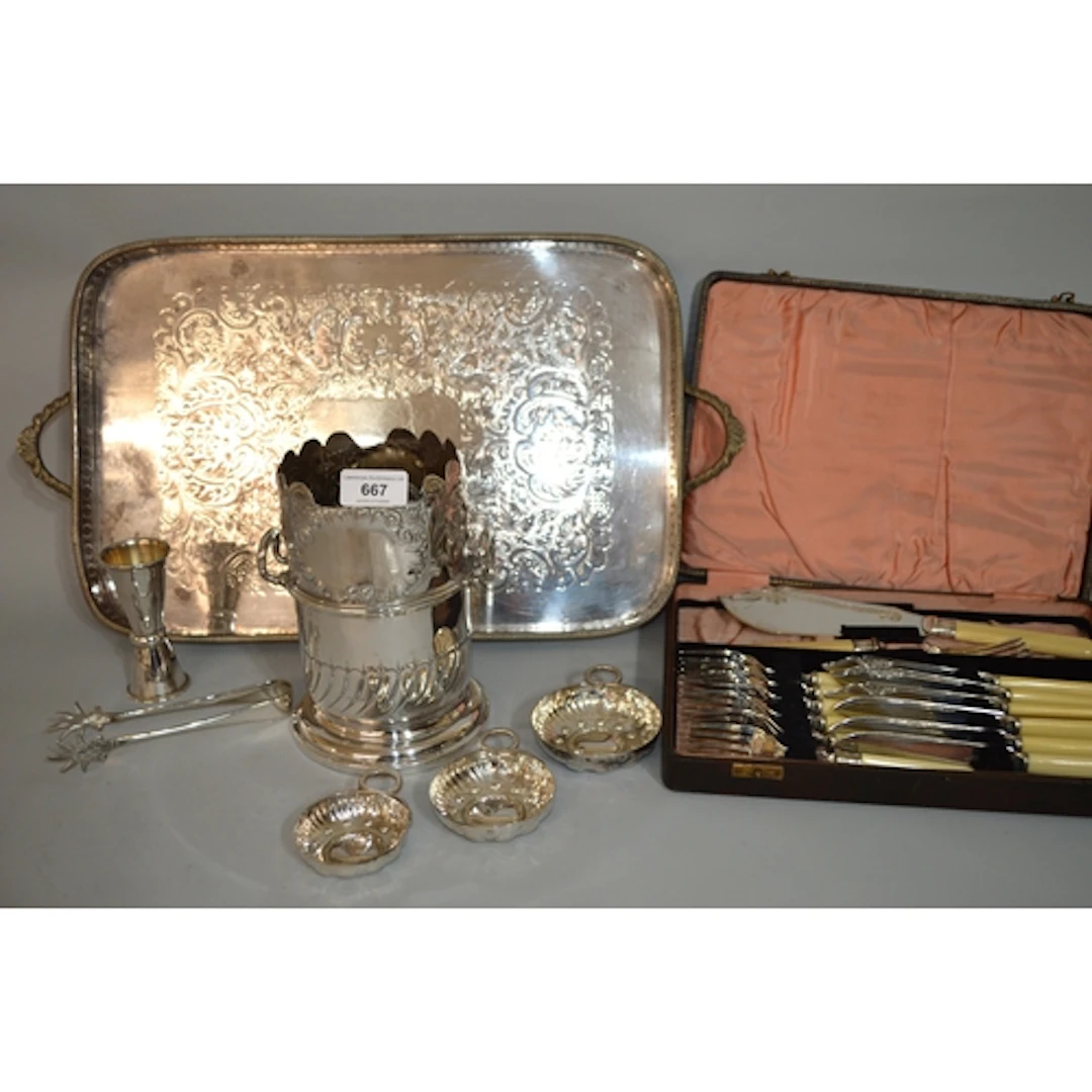 Rectangular plated two handled tray, a plated bottle coaster...