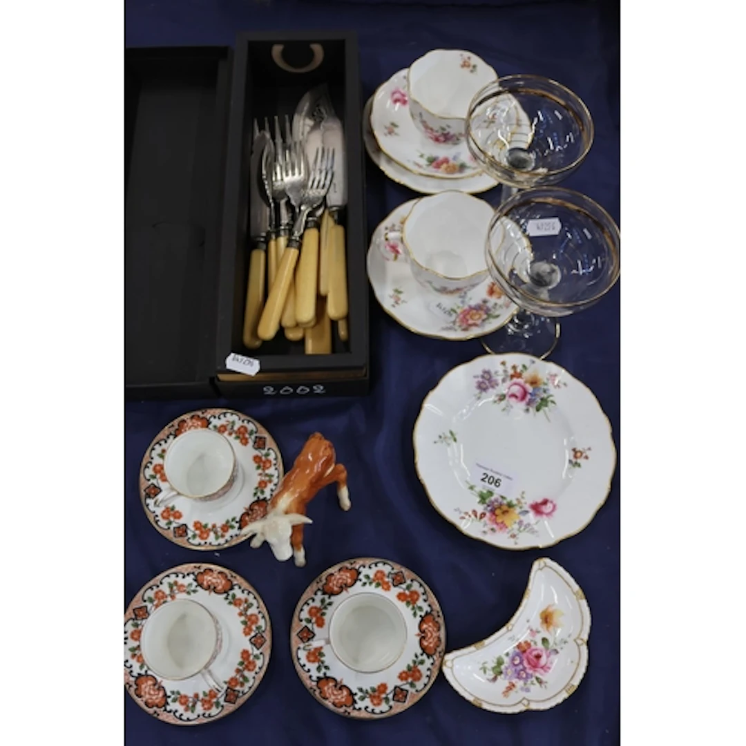 Ceramics and flatware including Aynsley Imari cups, a Beswic...