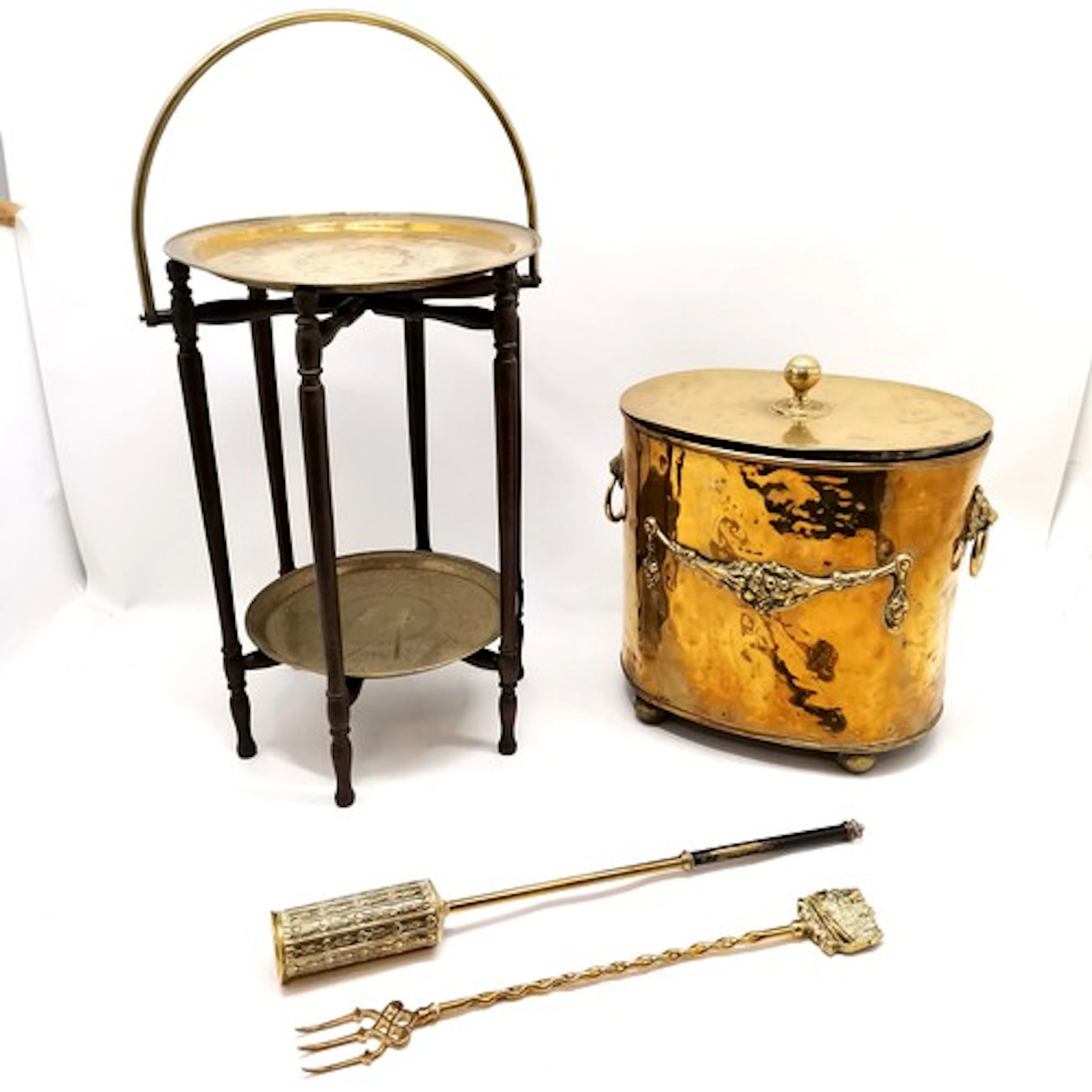 Antique brass oval coal bin with lion mask handles and lift ...