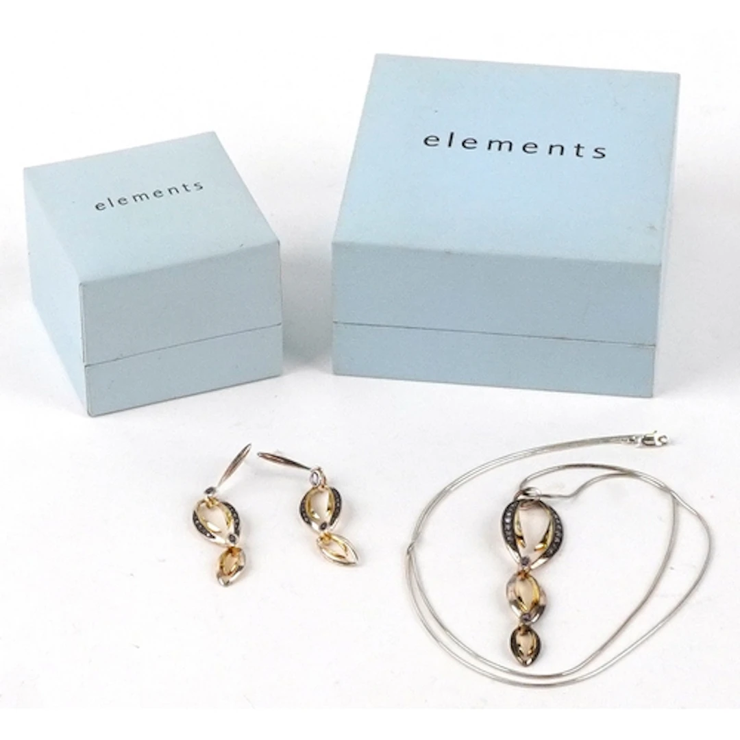 Elements, Modernist silver pendant on chain with matching ea...