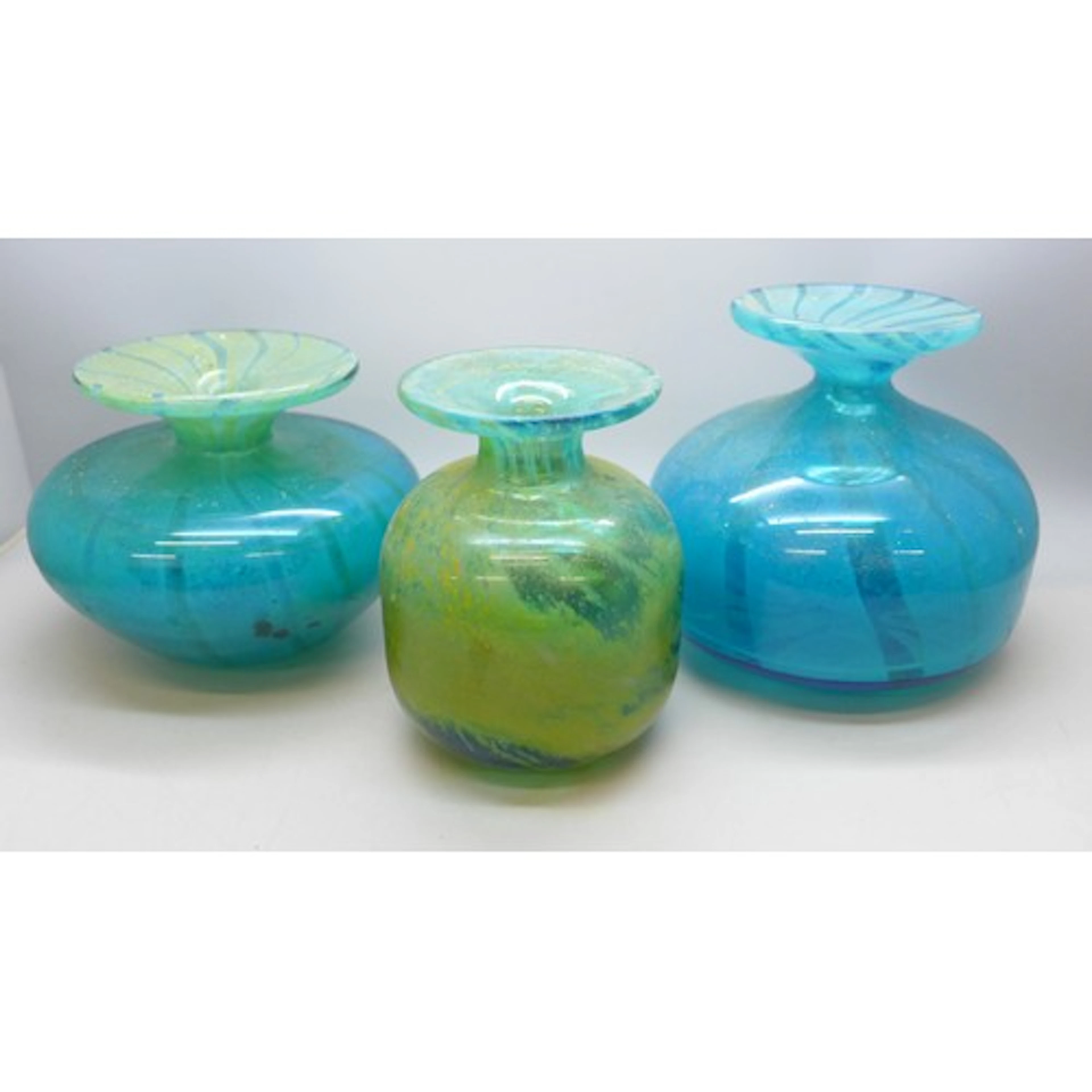 A trio of Mdina glass vases, two signed, largest 12.5cm h
