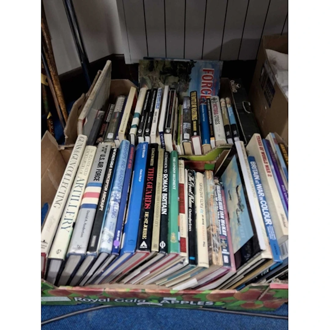 TWO BOXES OF BOOKS, mostly miltary themed, approximately fif...