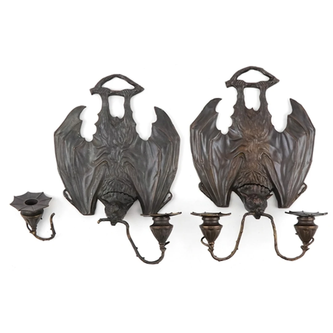 Pair of patinated bronze design bat design wall sconces, 34c...