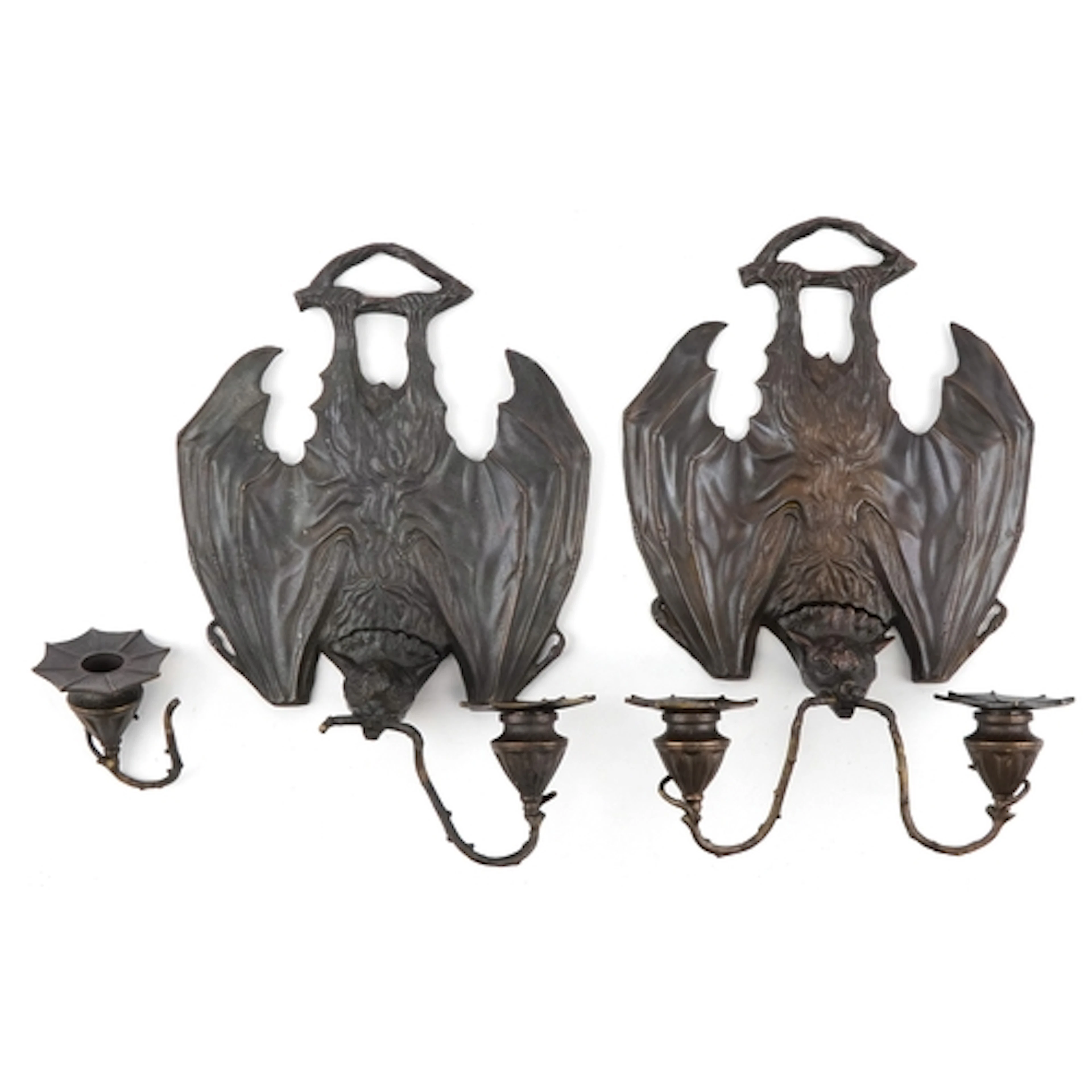 Pair of patinated bronze design bat design wall sconces, 34c...