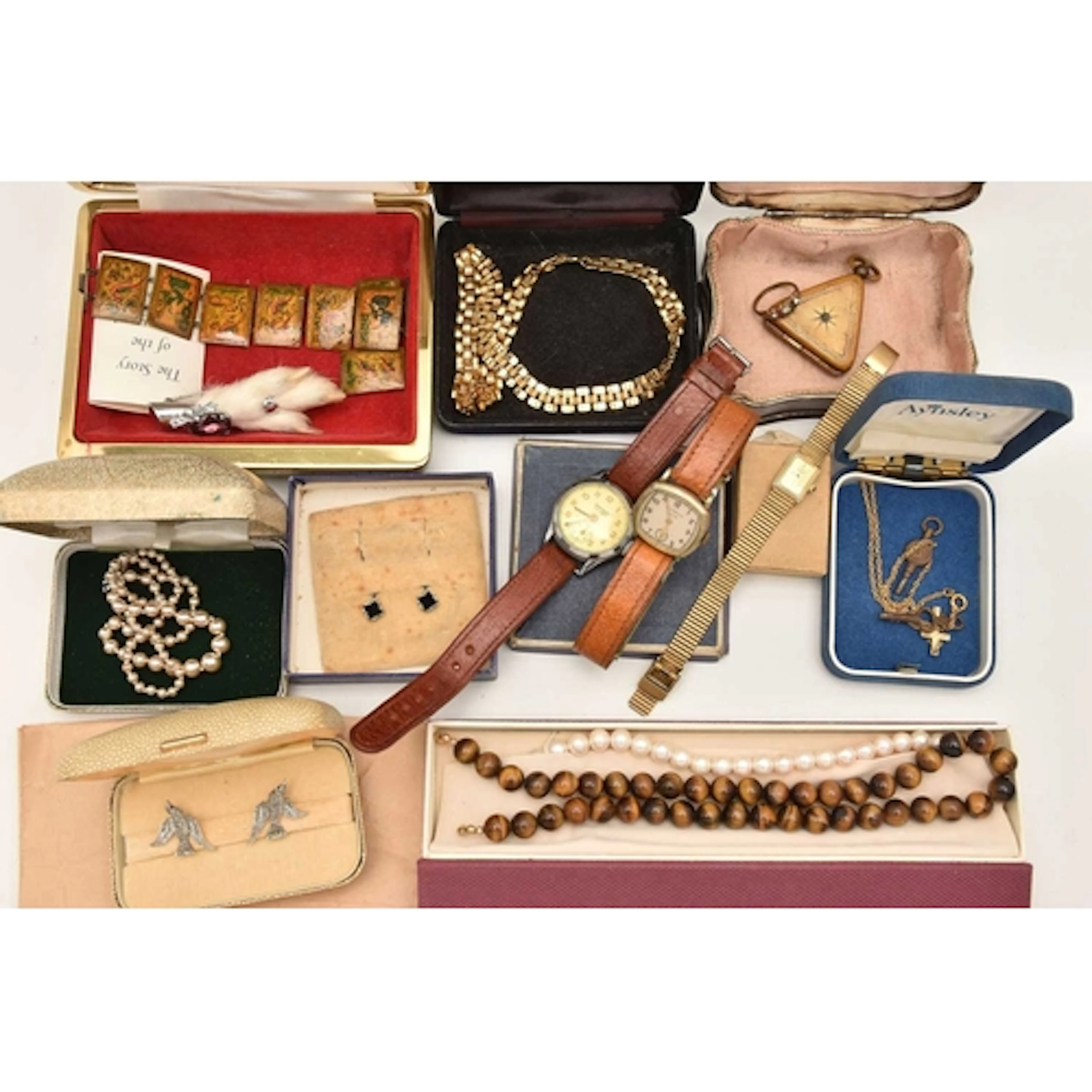 A BOX OF ASSORTED JEWELLERY AND WATCHES, to include a 'Monet...