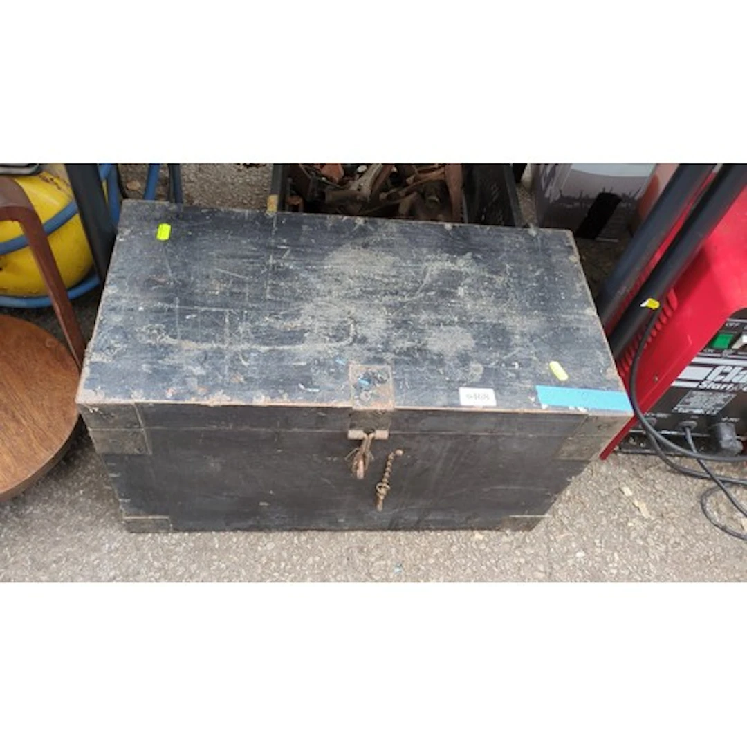 Painted pine trunk of rectangular form, the hinged cover sec...