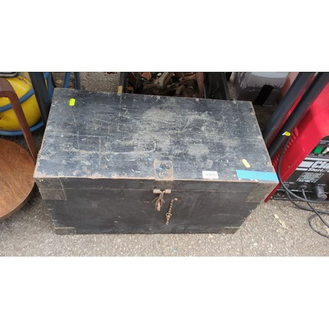 Painted pine trunk of rectangular form, the hinged cover sec...