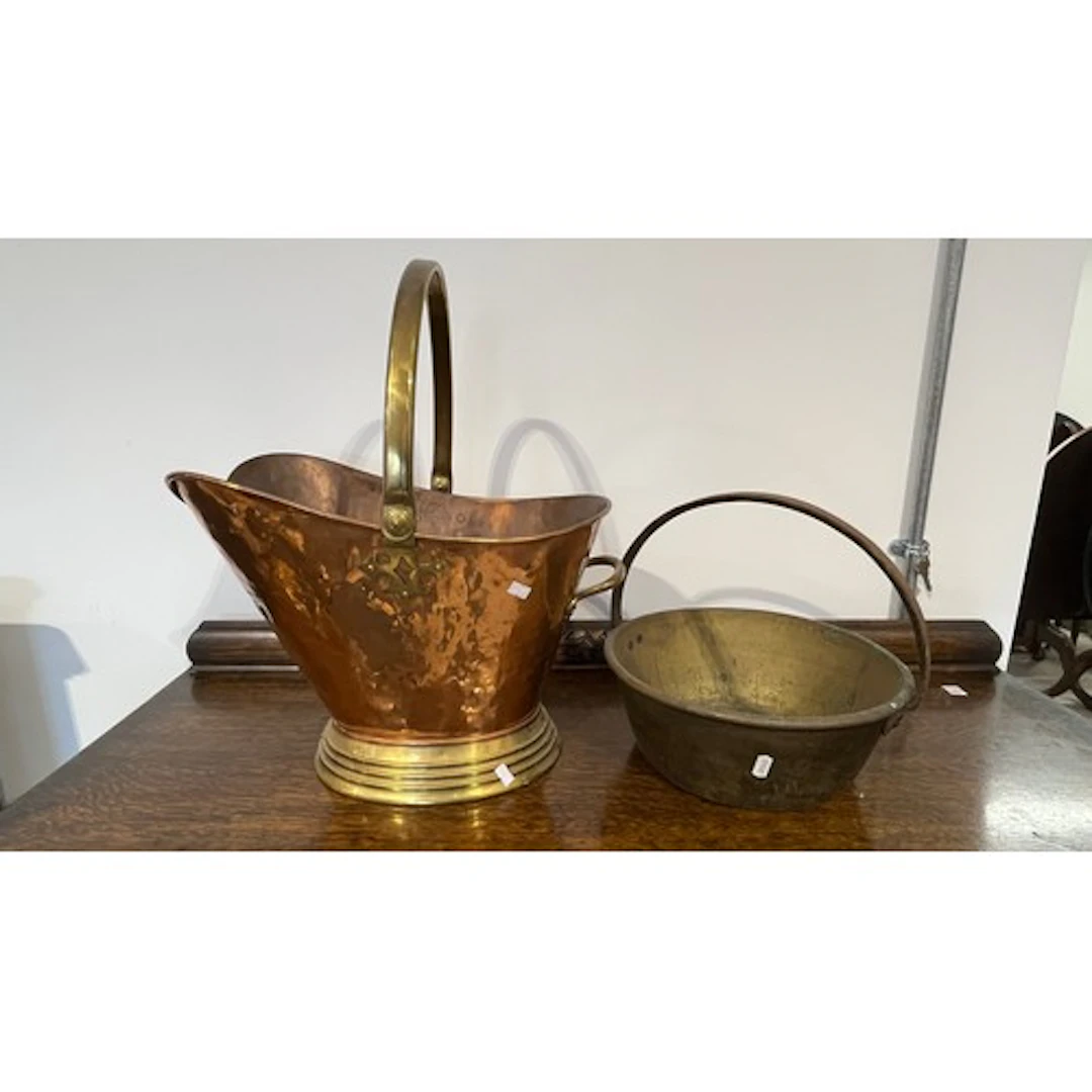 Brass and copper coal helmet and a brass jelly pan (2)