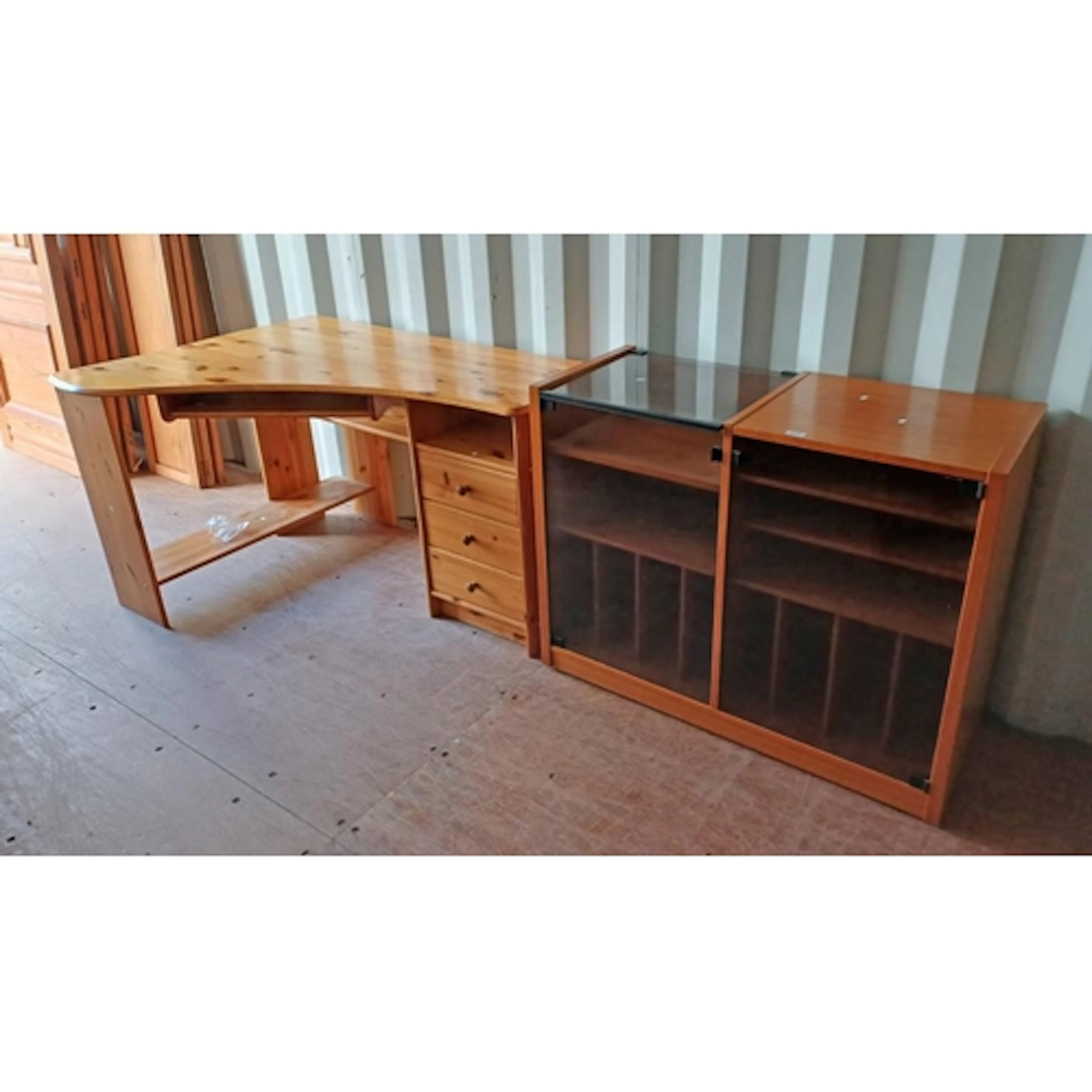 TEAK MEDIA CABINET WITH GLAZED DOORS & PINE DESK