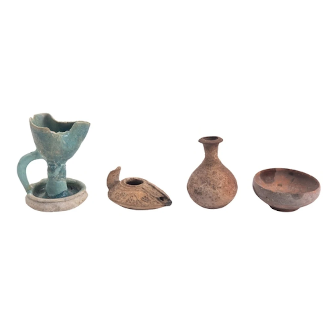 Ancient Iranian or Persian ceramic oil lamp, turquoise glaze...
