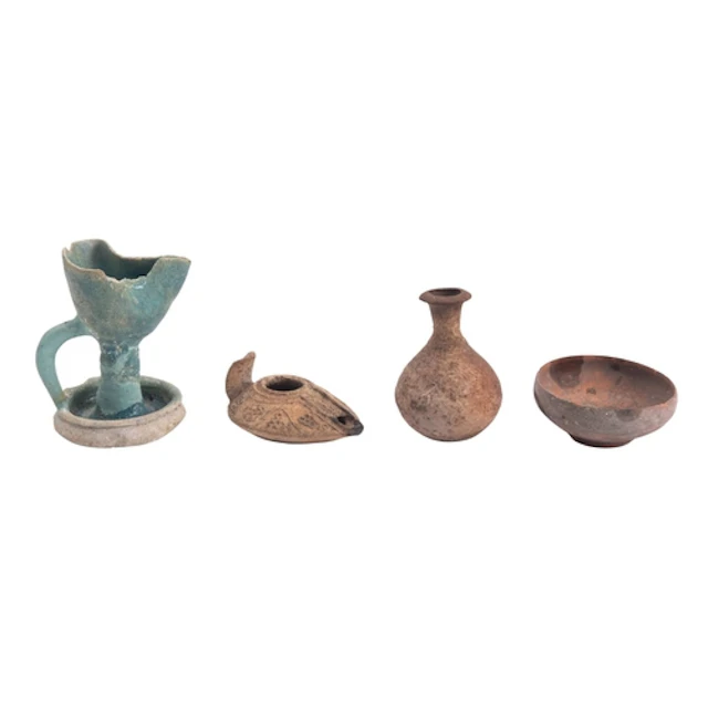 Ancient Iranian or Persian ceramic oil lamp, turquoise glaze...