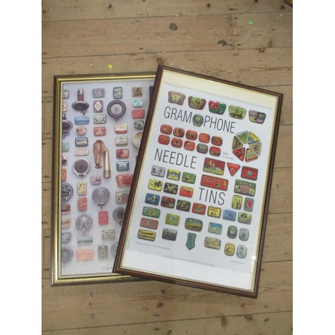 Two posters on gramophone needle pins