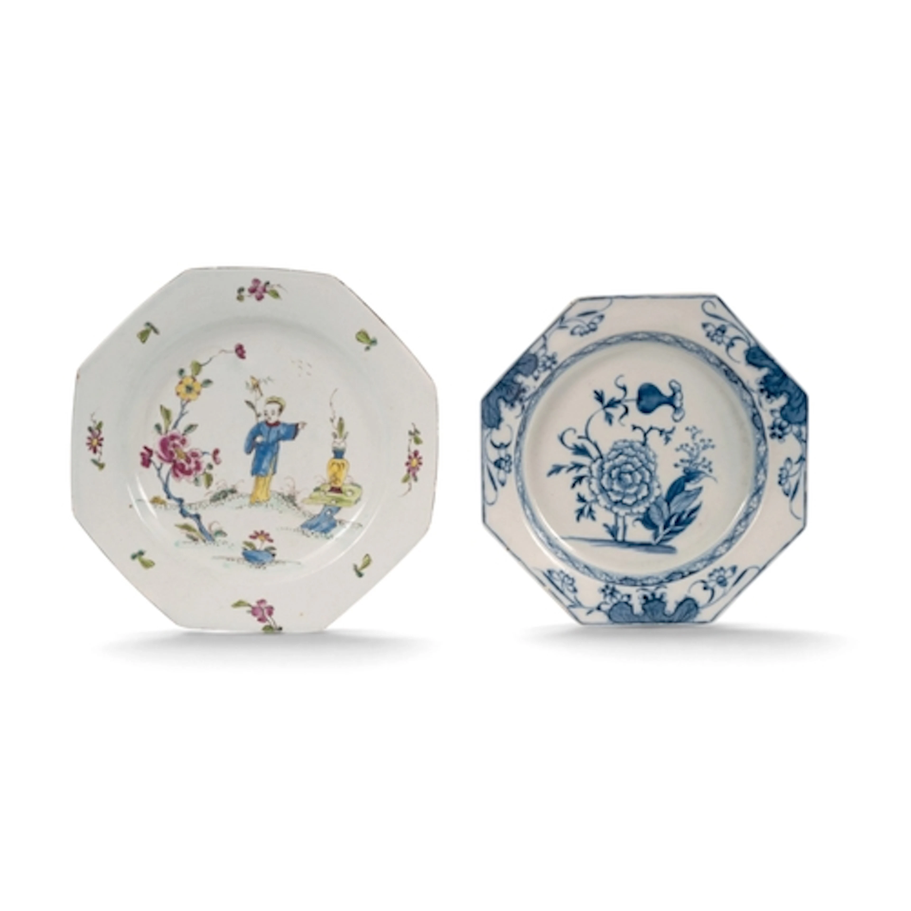 Two English porcelain octagonal plates, c.1758-70, the earli...