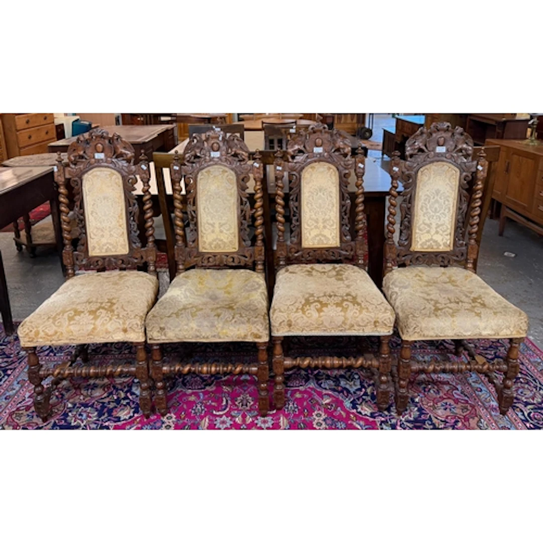 Set of four Victorian Carolean style oak dining chairs with ...
