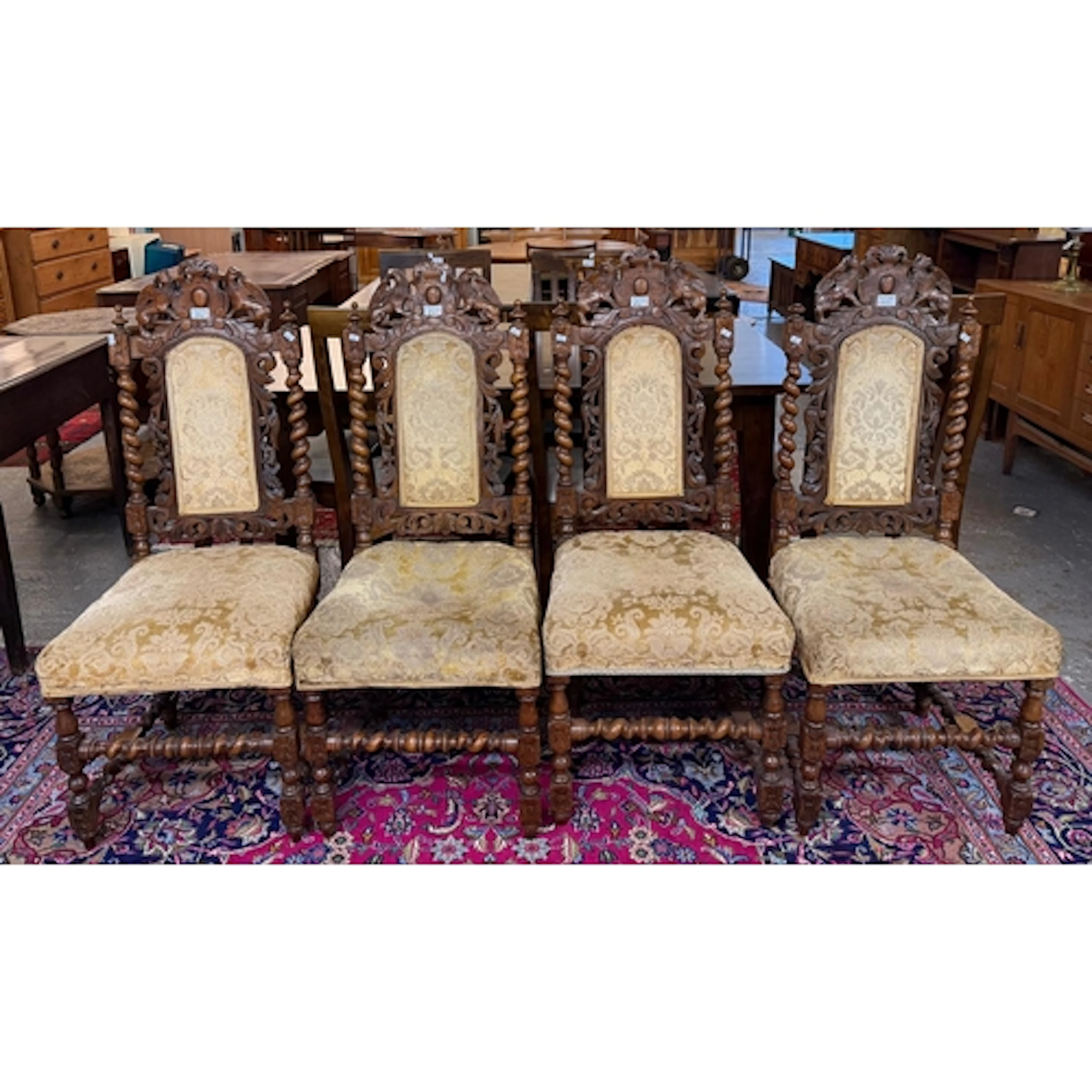 Set of four Victorian Carolean style oak dining chairs with ...