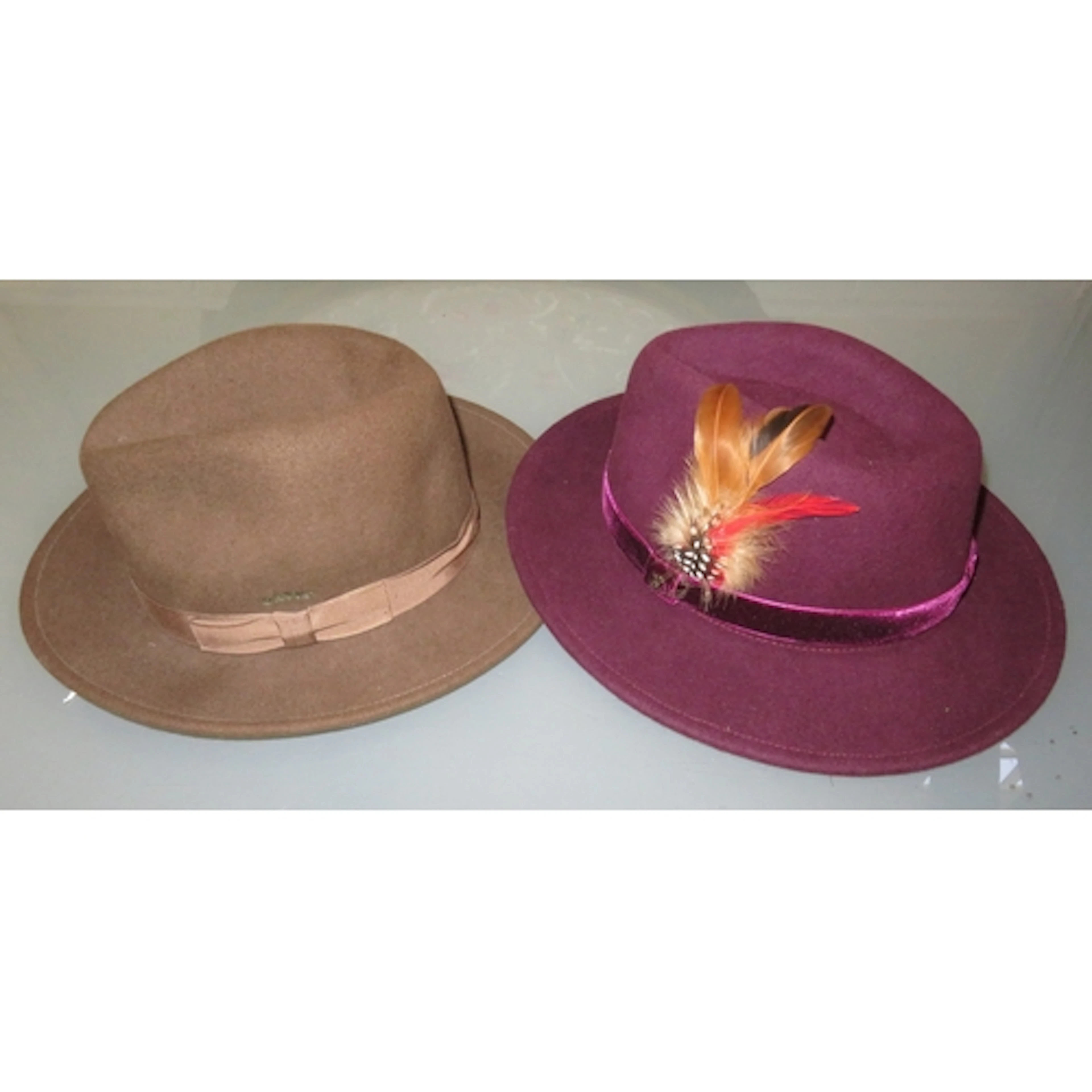 Joules burgundy felt fedora hat with feather detailing, toge...