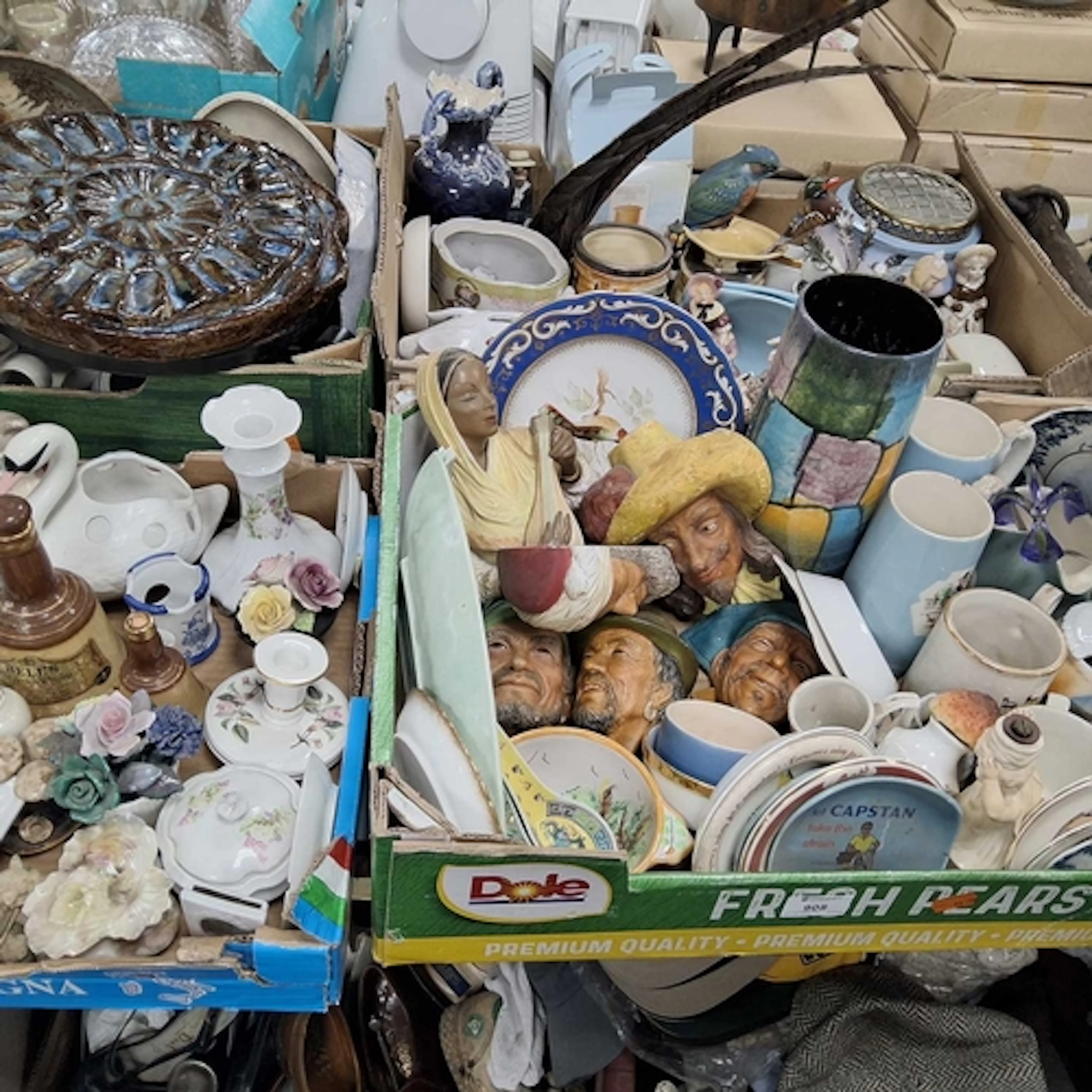 FOUR BOXES OF ASSORTED STONEWARE AND ORNAMENTS to include a ...