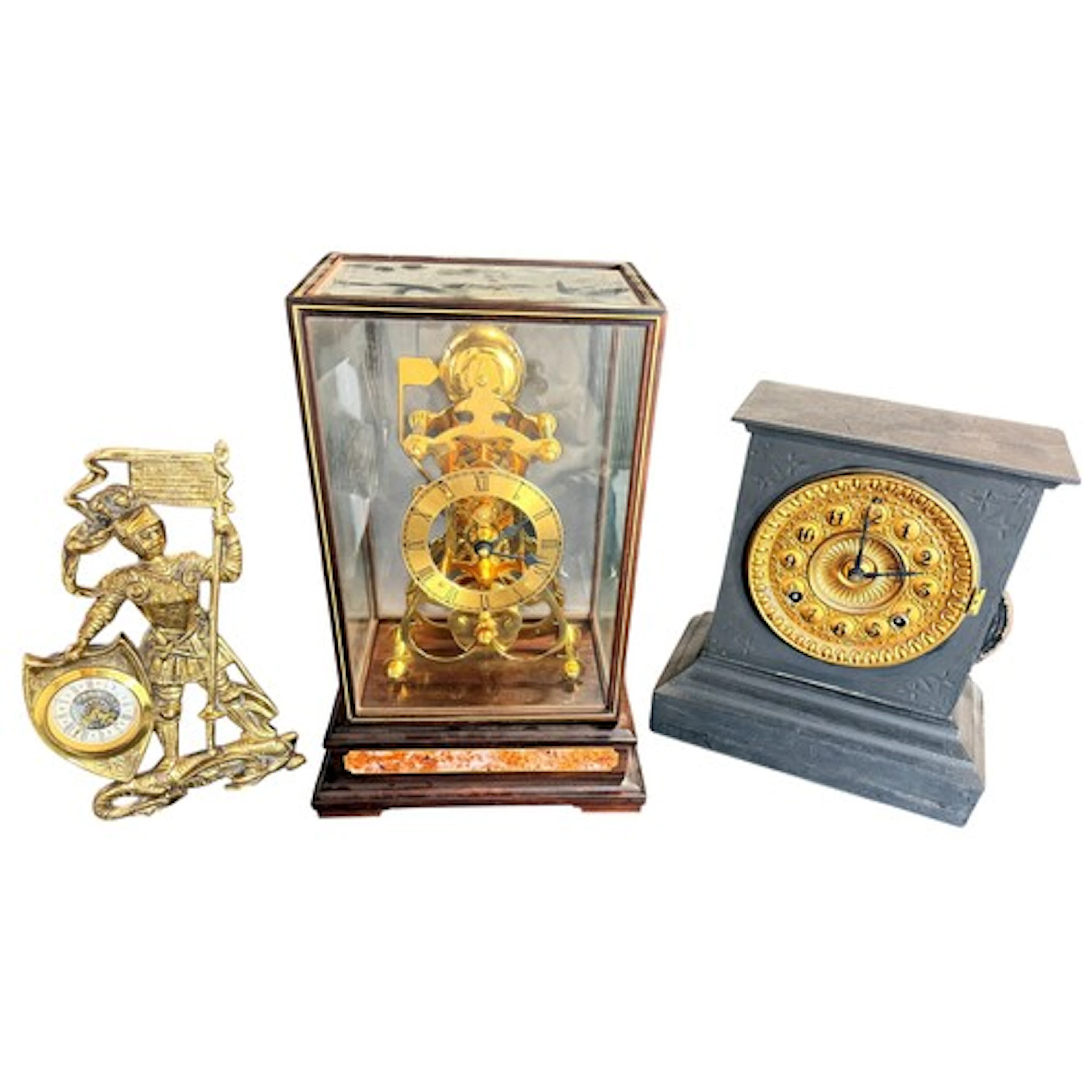 A 20th century glass cased brass skeleton clock, a Meccedei ...
