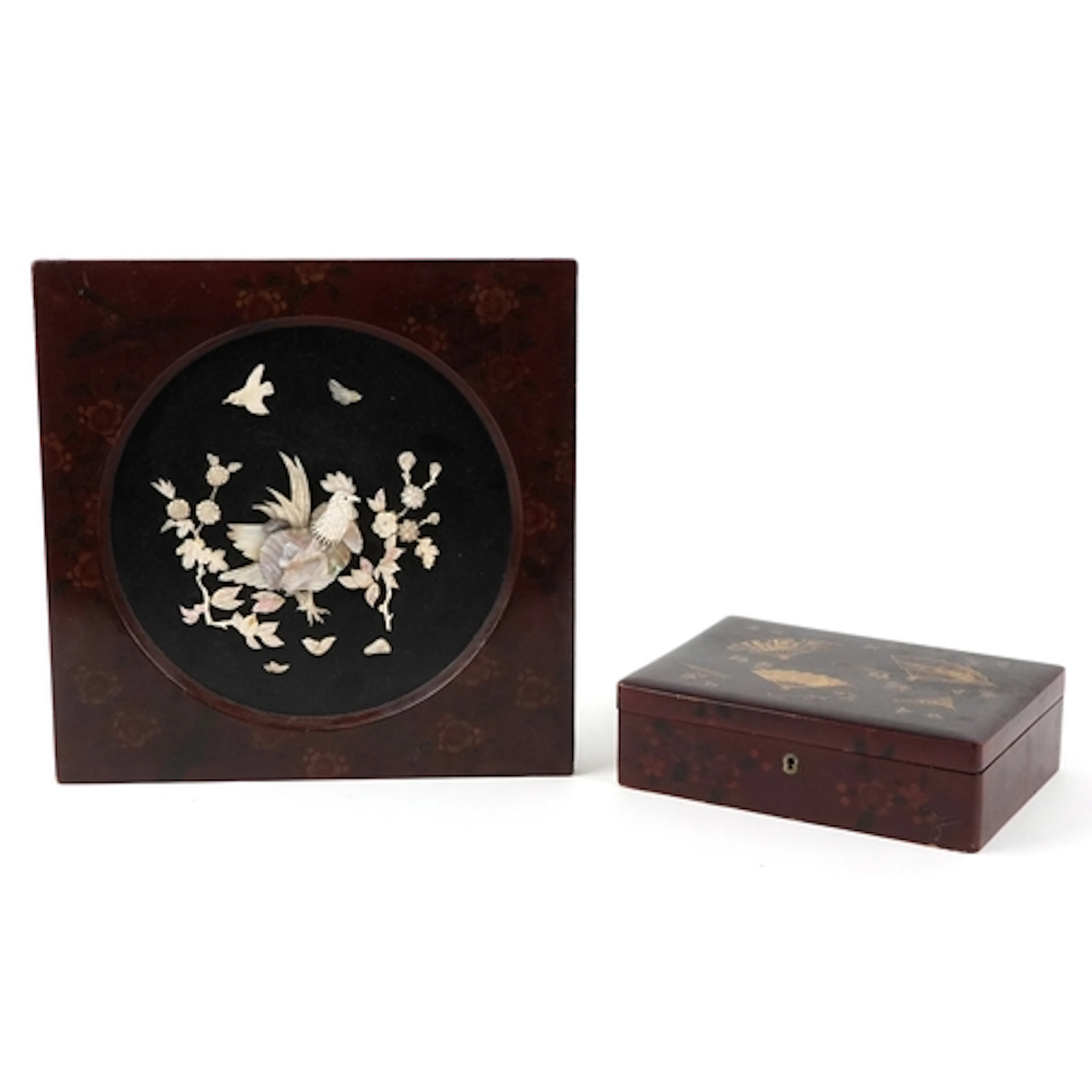 Chinese red lacquered wall plaque relief decorated in mother...