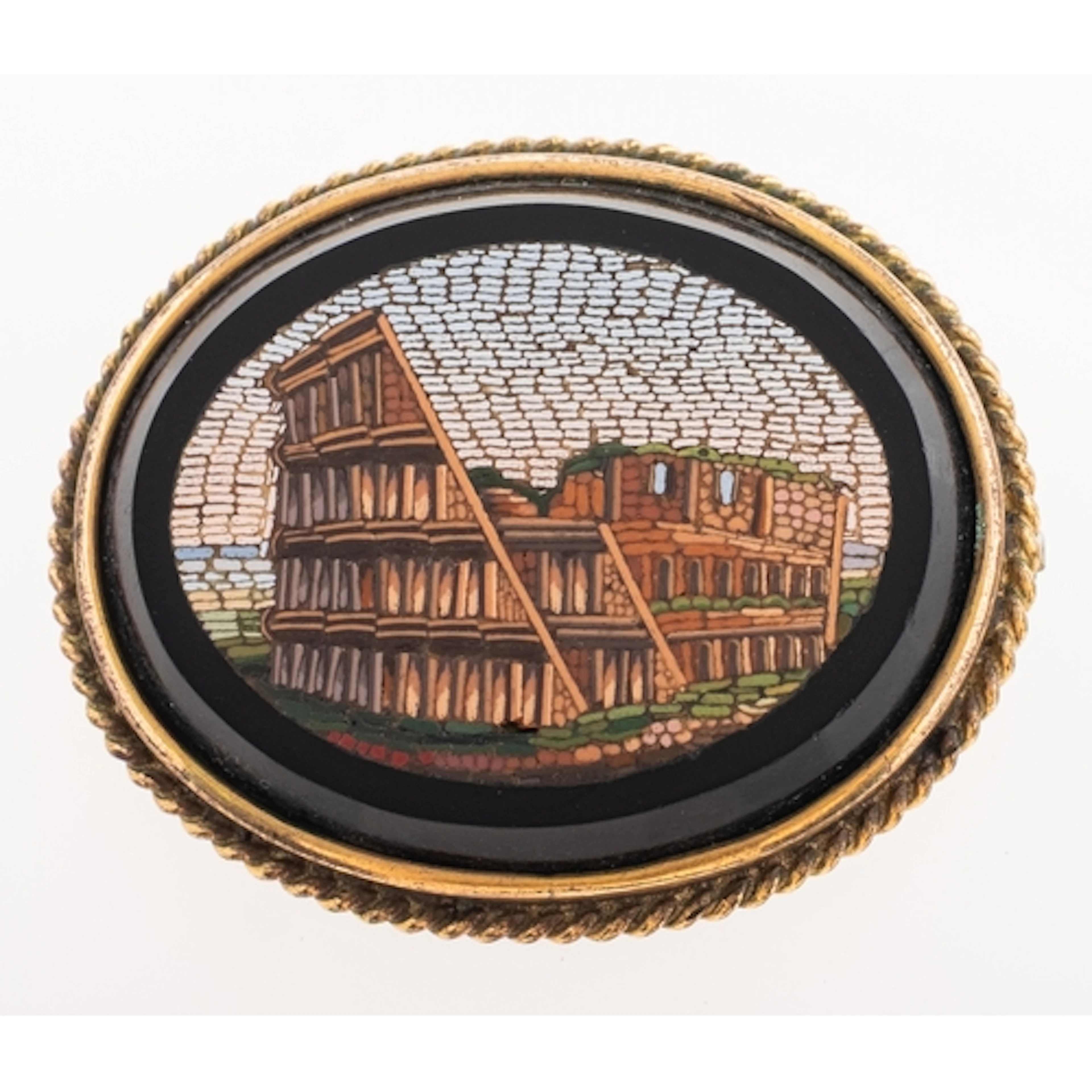 A Victorian Grand Tour mosaic brooch, depicting the Colosseu...
