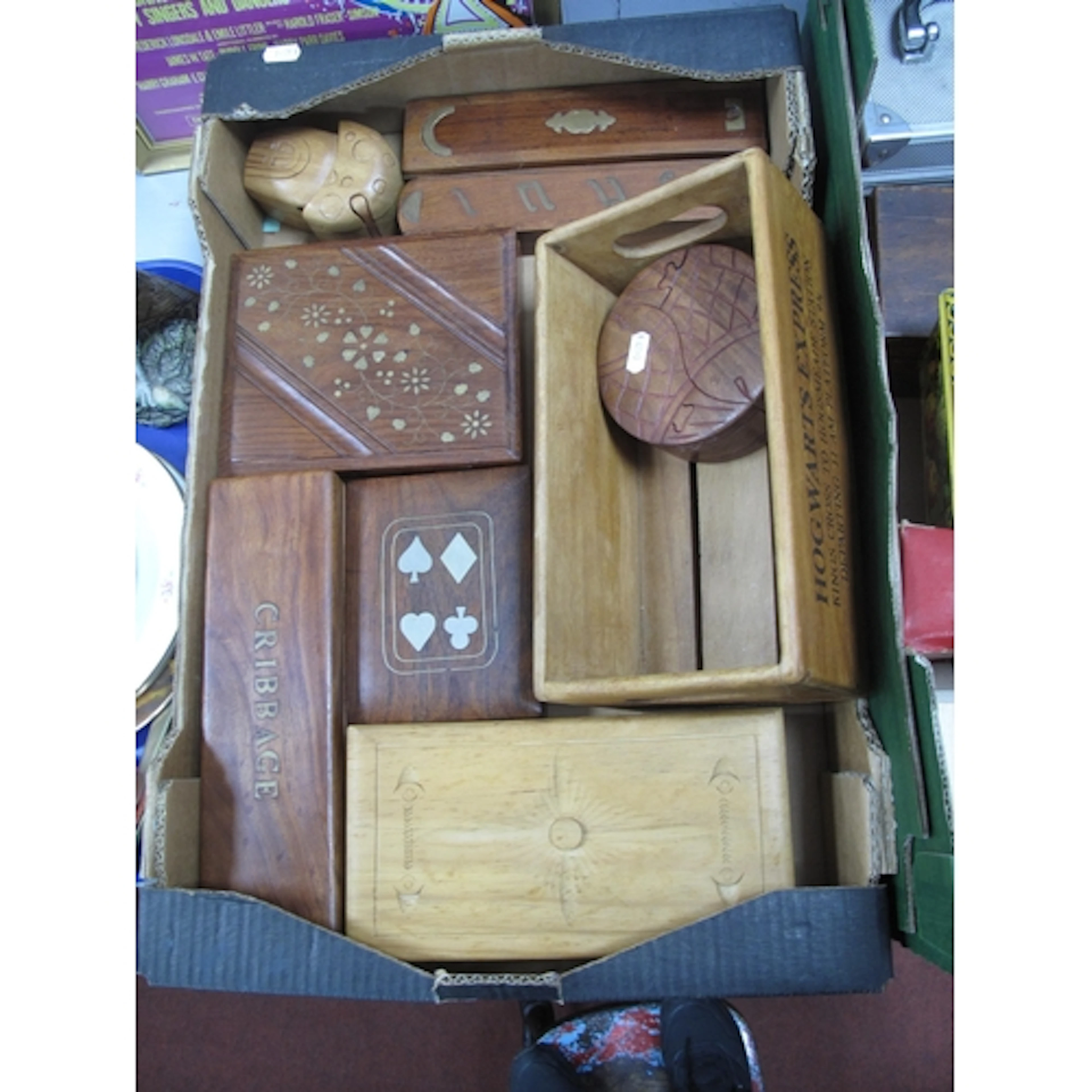 Quantity of decorative wooden boxes, including brass-inlaid ...