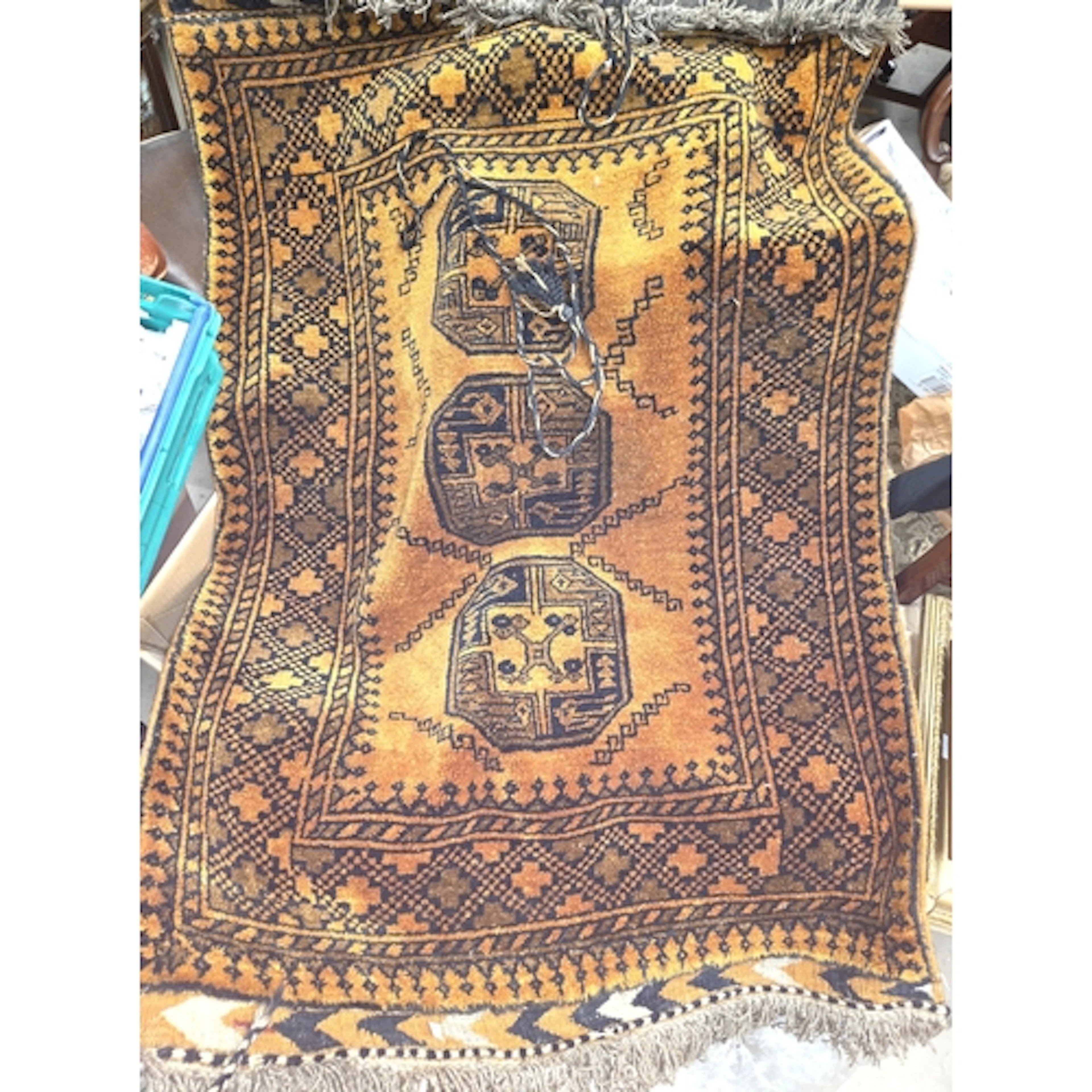 A Middle Eastern mustard ground prayer rug, 150x100cm and ot...