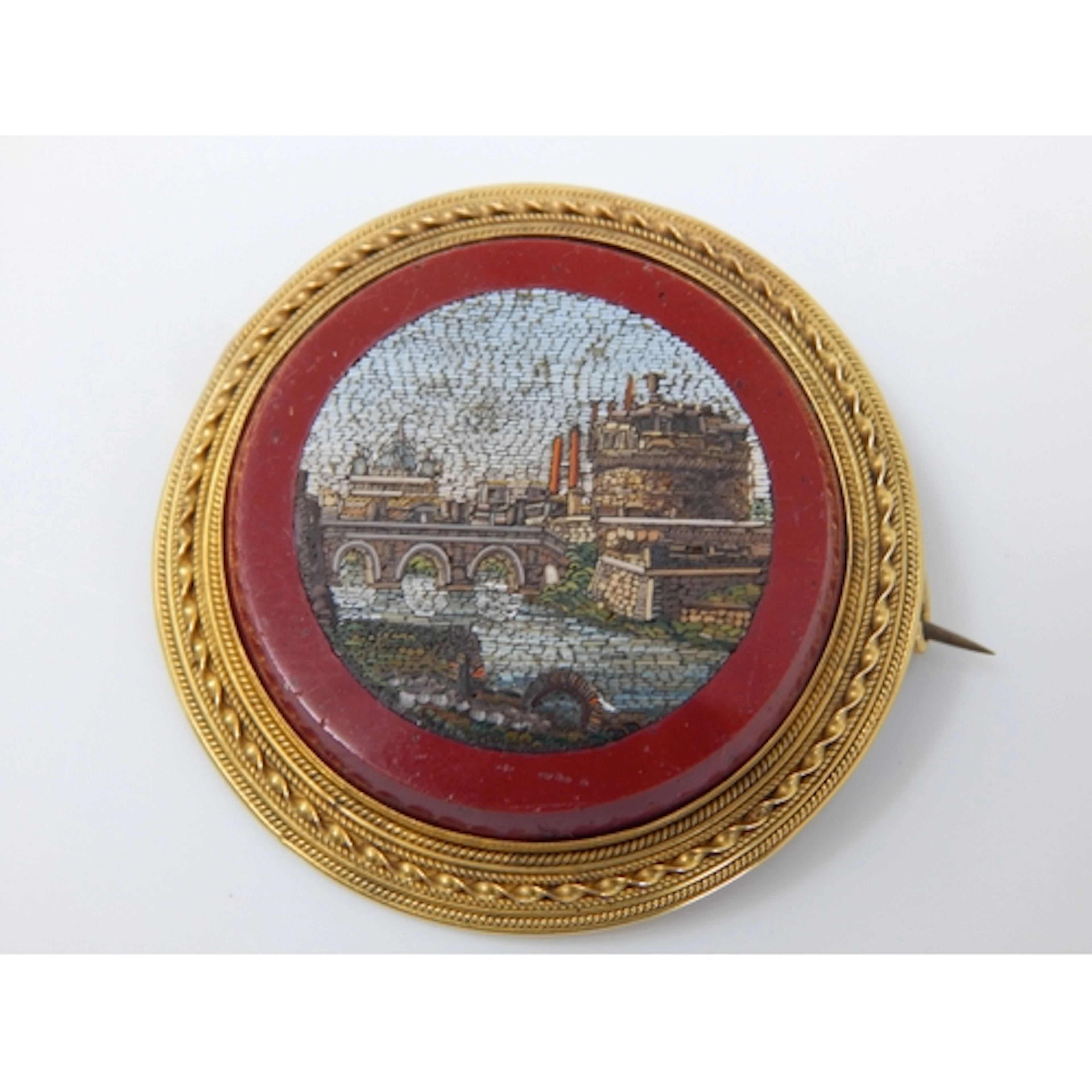19th Century Grand Tour Micro Mosaic Brooch with Yellow Meta...