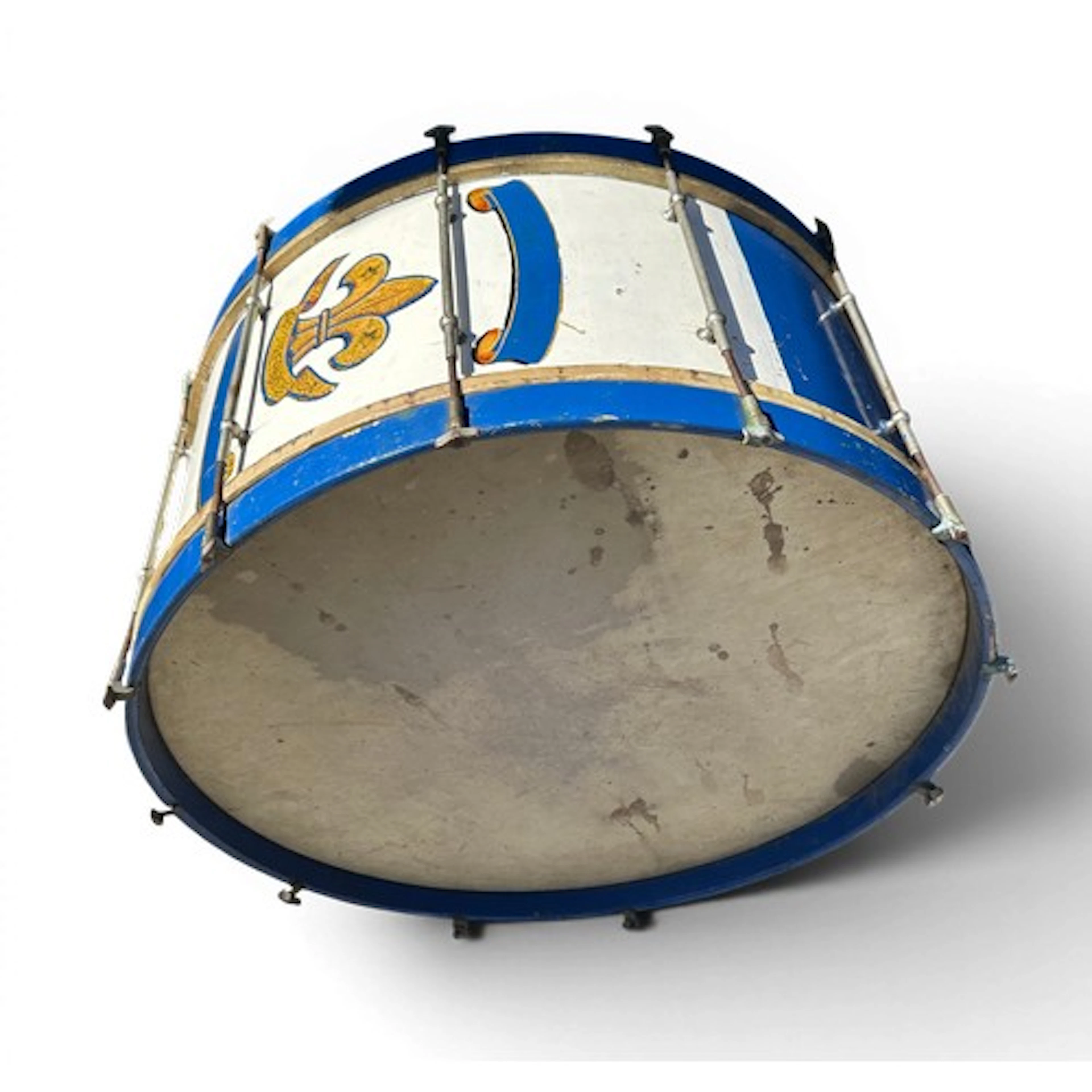A vintage marching bass drum with a blue and white painted f...