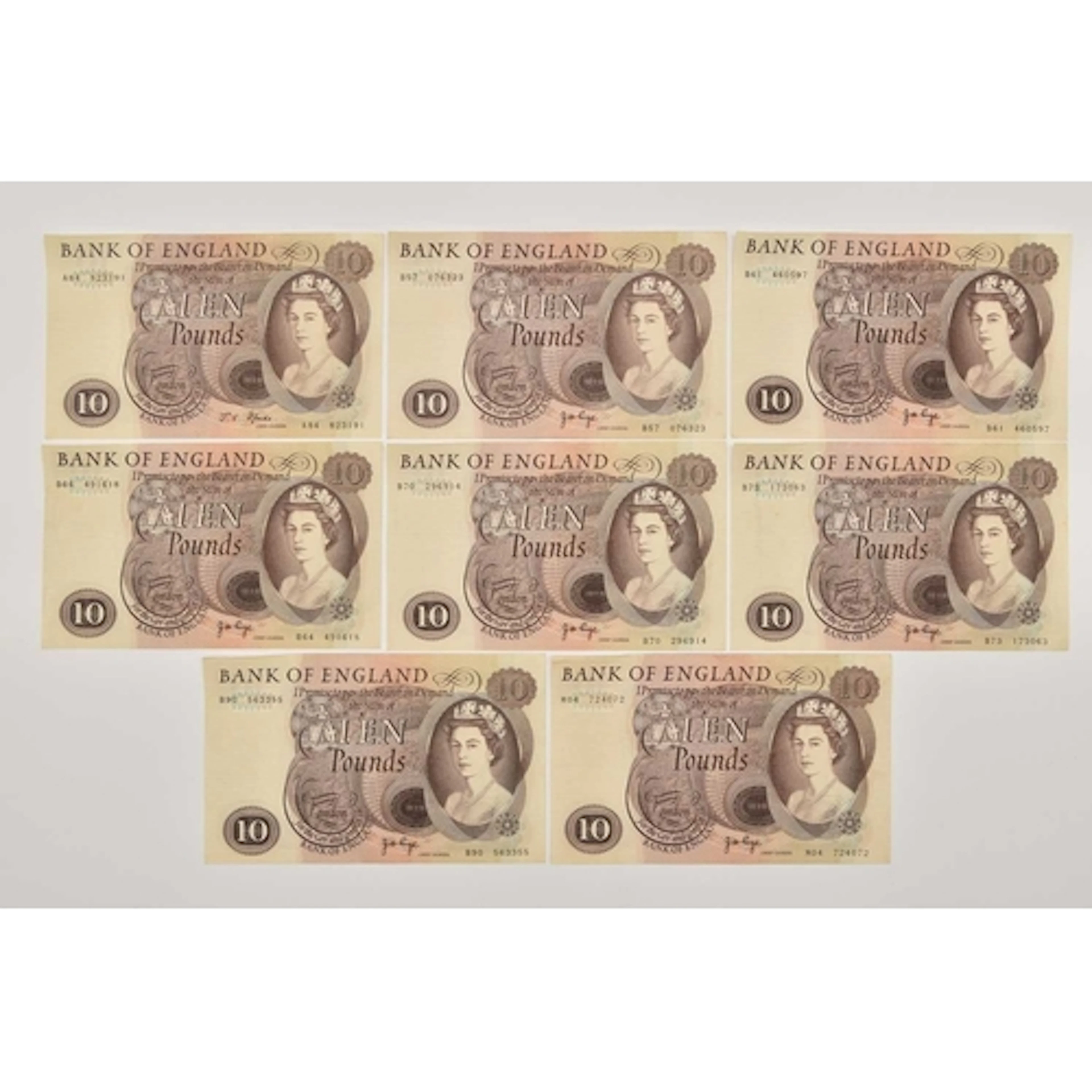 Banknotes. 8 x Ten Pound Notes, a Fforde 1967 Prefix A84 and...