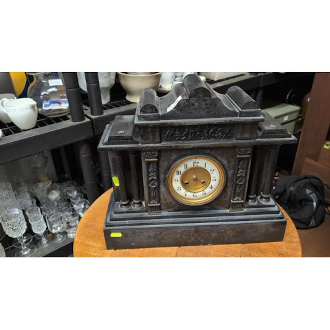 Late Victorian black slate architectural mantel clock with i...
