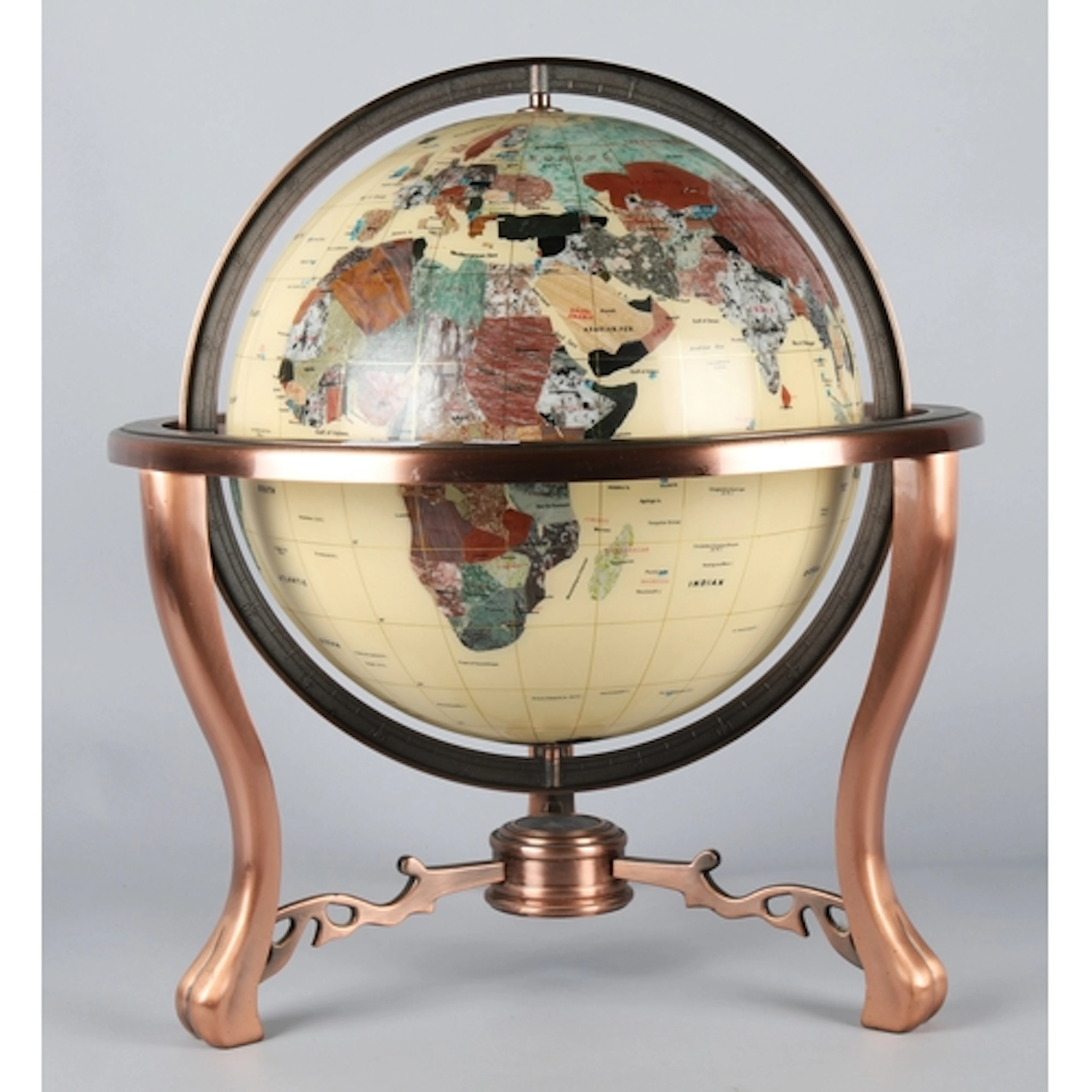 Decorative world globe set with semi-precious stones, mounte...
