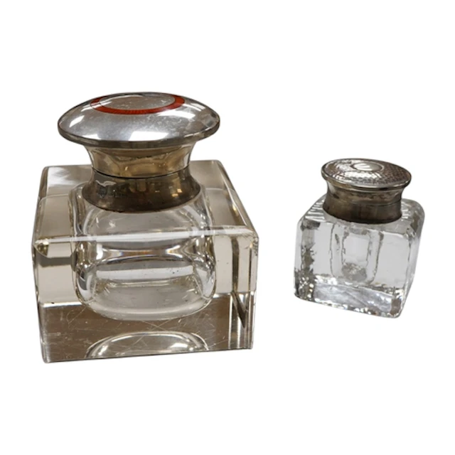 A George V silver and enamel mounted glass inkwell, Birmingh...