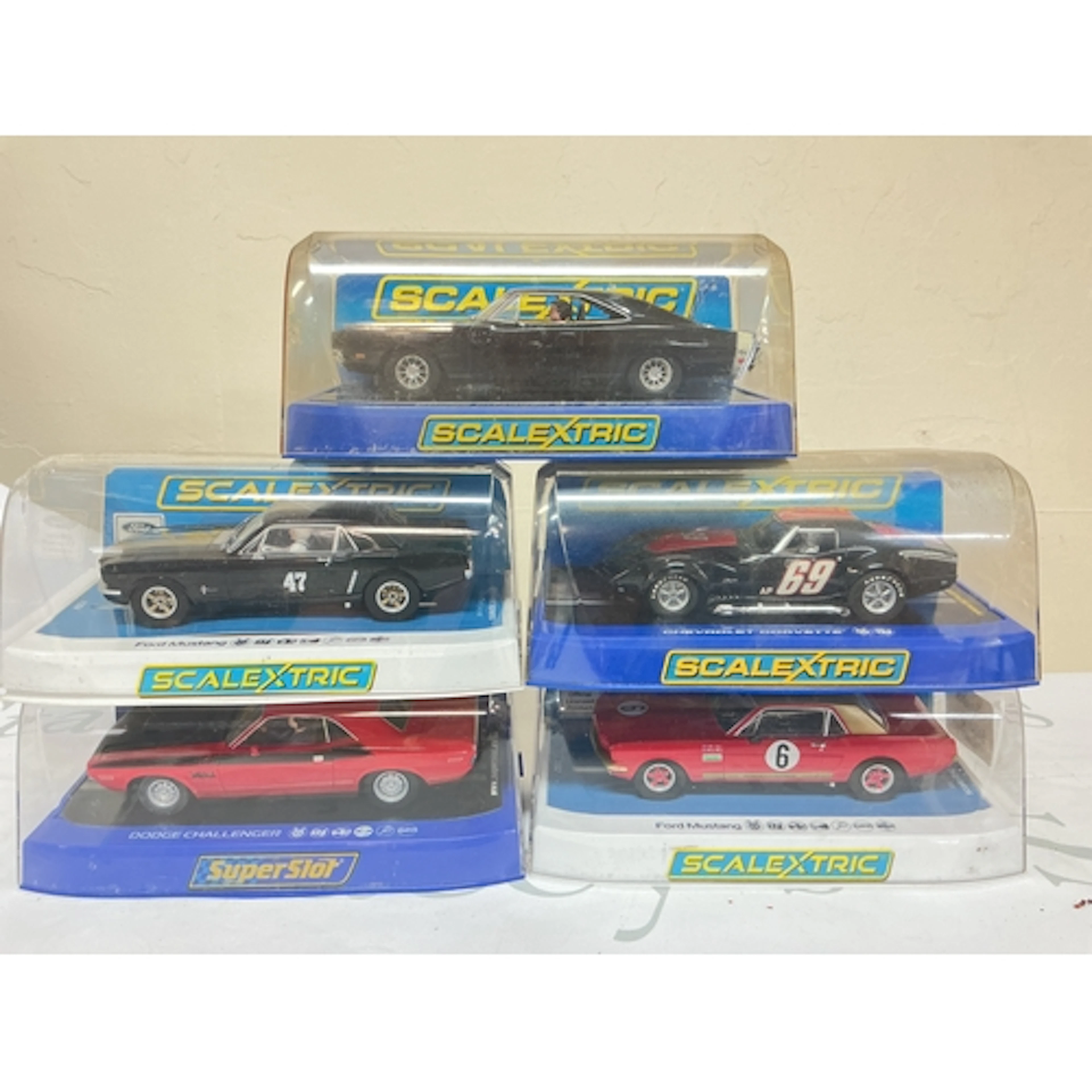 5 Boxed Scalextric Cars Including A Dodge Challenger, 2 X Fo...