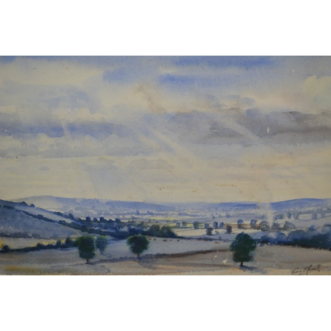 Rodney Russell, watercolour, landscape with distant cattle, ...