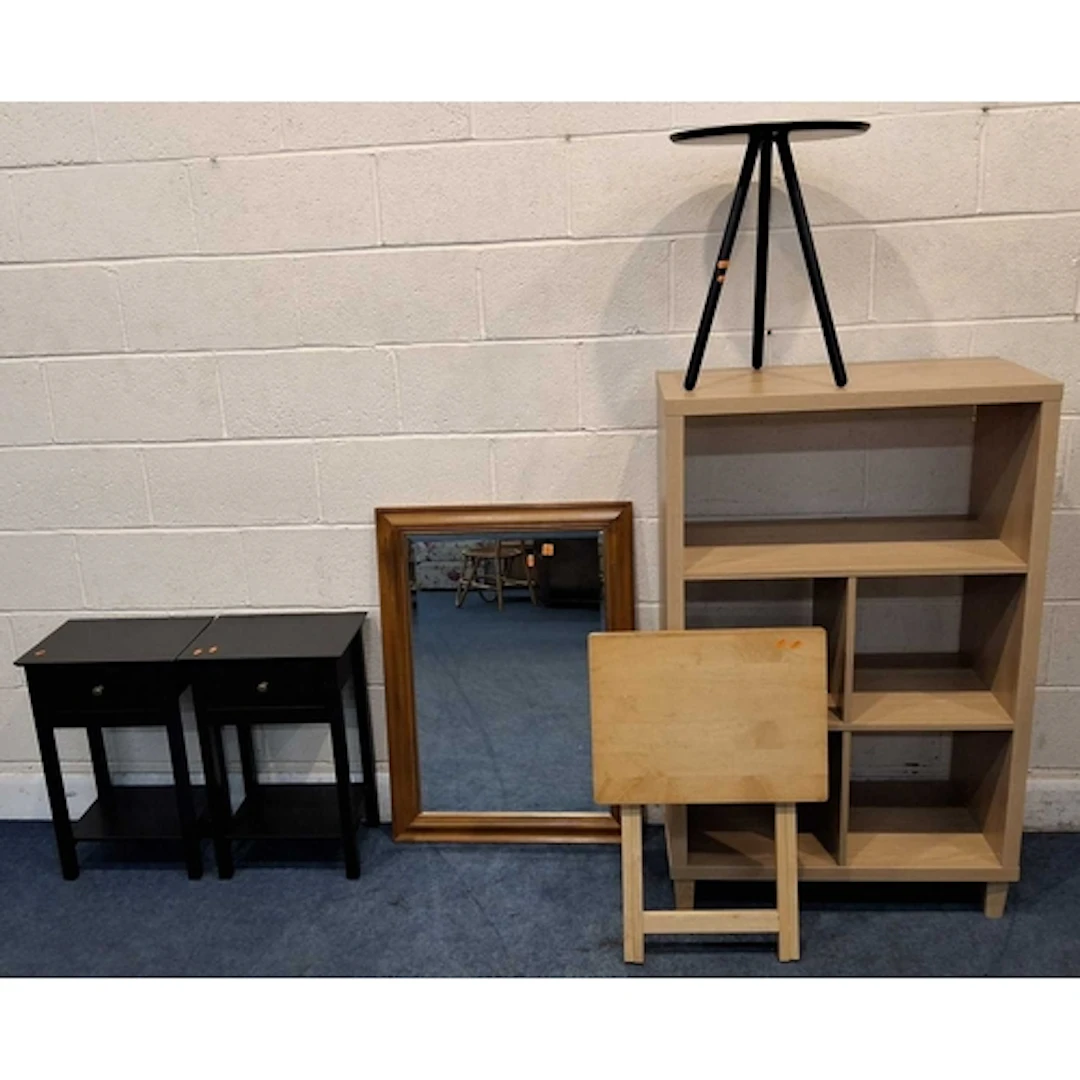 A MODERN SHELVING UNIT, a folding table, a tripod table, a p...
