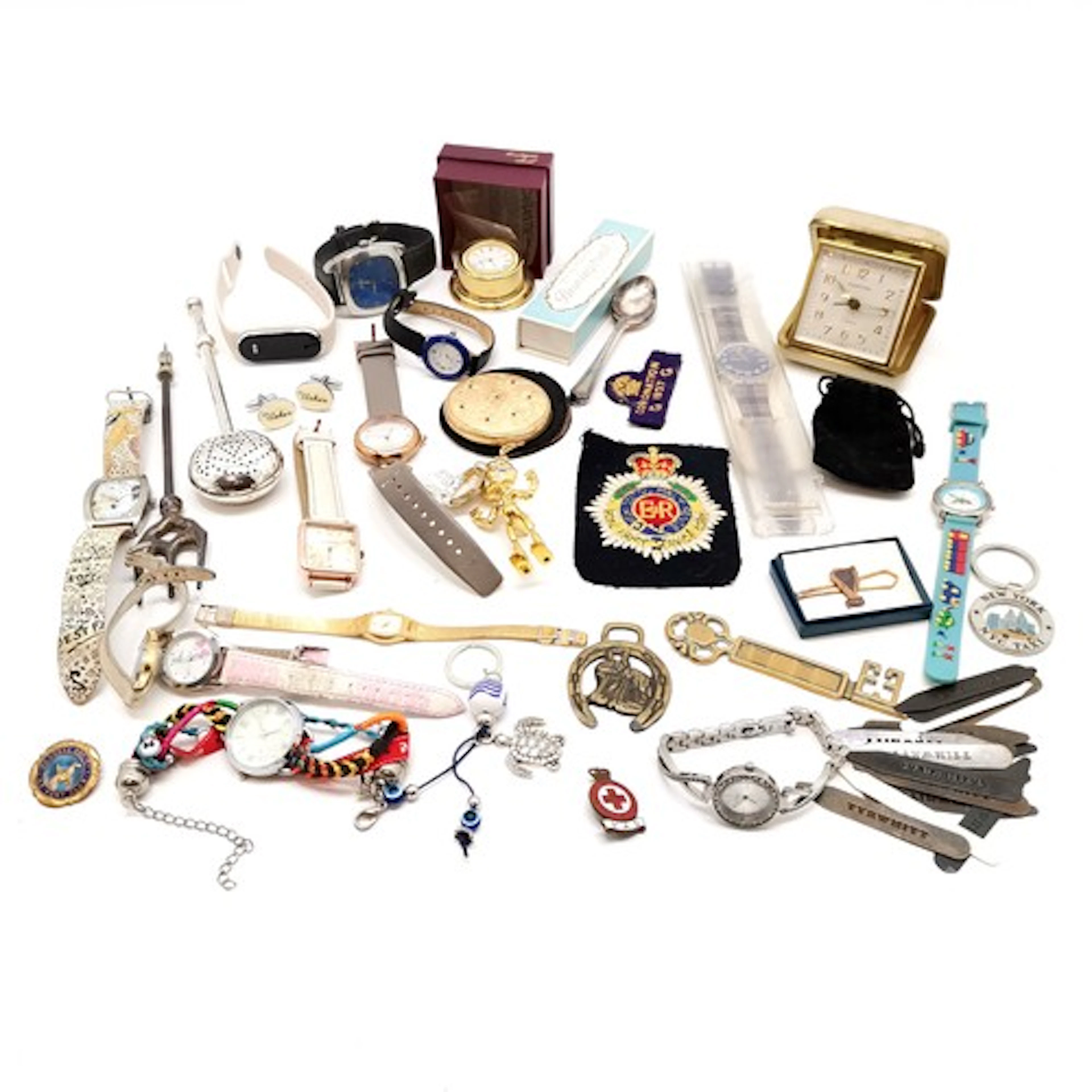 Qty of oddments inc quartz wristwatches, bug story keyring, ...