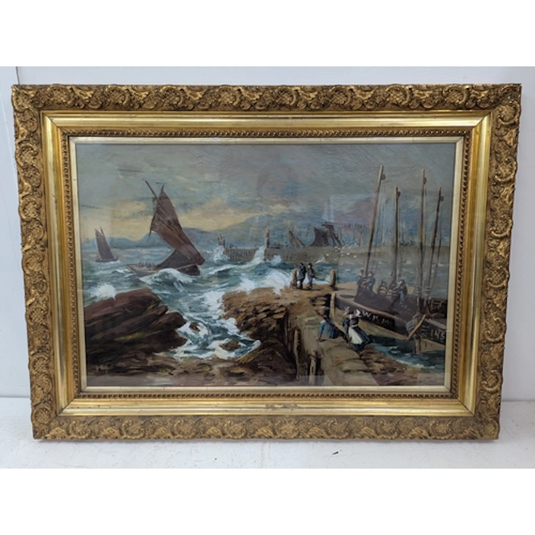 A 19th century oil on canvas depicting stormy harbour scene...