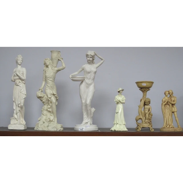 Six large decorative resin and composition figures, includin...