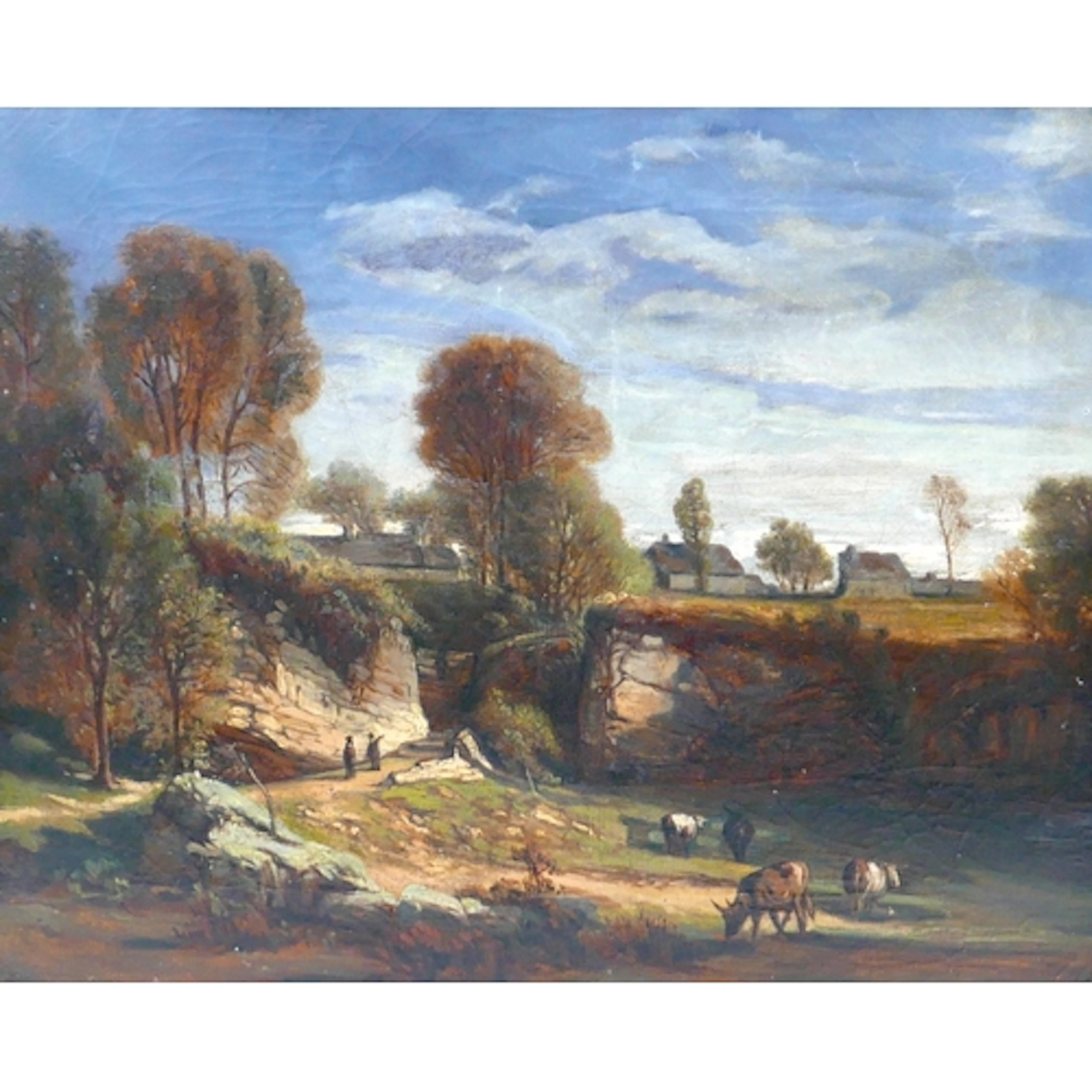 A 19TH CENTURY OIL ON CANVAS LANDSCAPE. with cattle and figu...